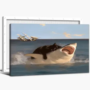 SHMAO Funny Bathroom Cat Canvas Wall Art, Funny Black Cat vs Shark Pictures Canvas Print, Abstract Black Cat and Shark Posters Painting Wall Decor for Home Room Bedroom Living Room Bathroom 18x24 Inch