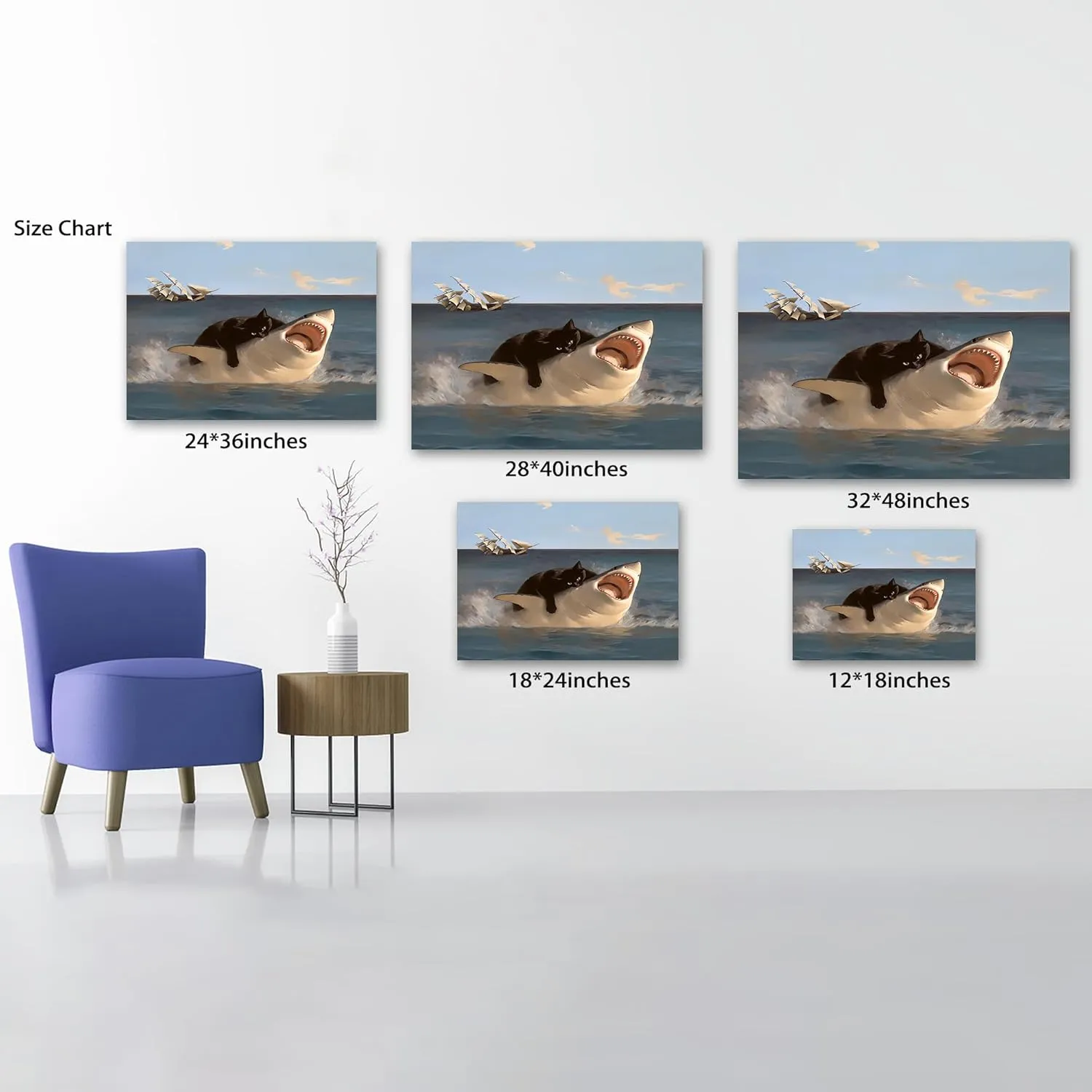 SHMAO Funny Bathroom Cat Canvas Wall Art, Funny Black Cat vs Shark Pictures Canvas Print, Abstract Black Cat and Shark Posters Painting Wall Decor for Home Room Bedroom Living Room Bathroom 18x24 Inch