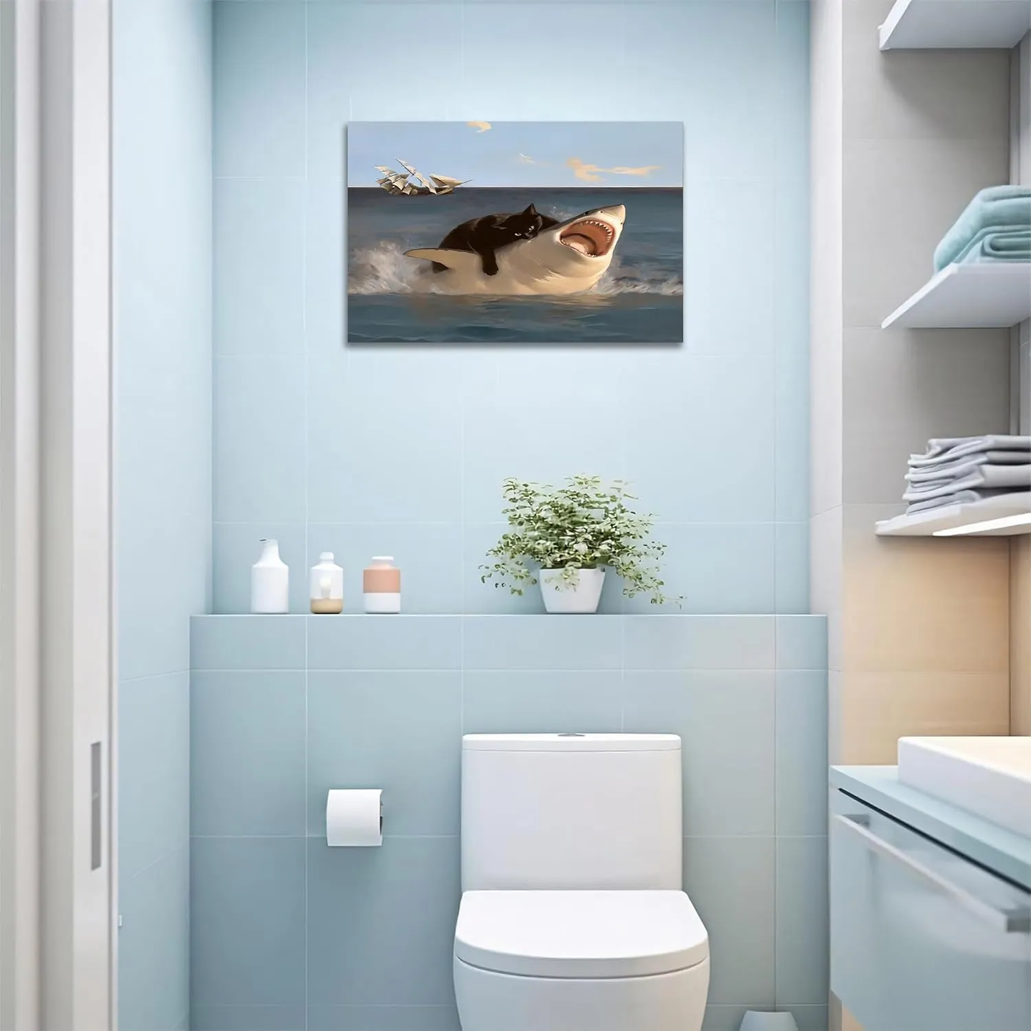 SHMAO Funny Bathroom Cat Canvas Wall Art, Funny Black Cat vs Shark Pictures Canvas Print, Abstract Black Cat and Shark Posters Painting Wall Decor for Home Room Bedroom Living Room Bathroom 18x24 Inch