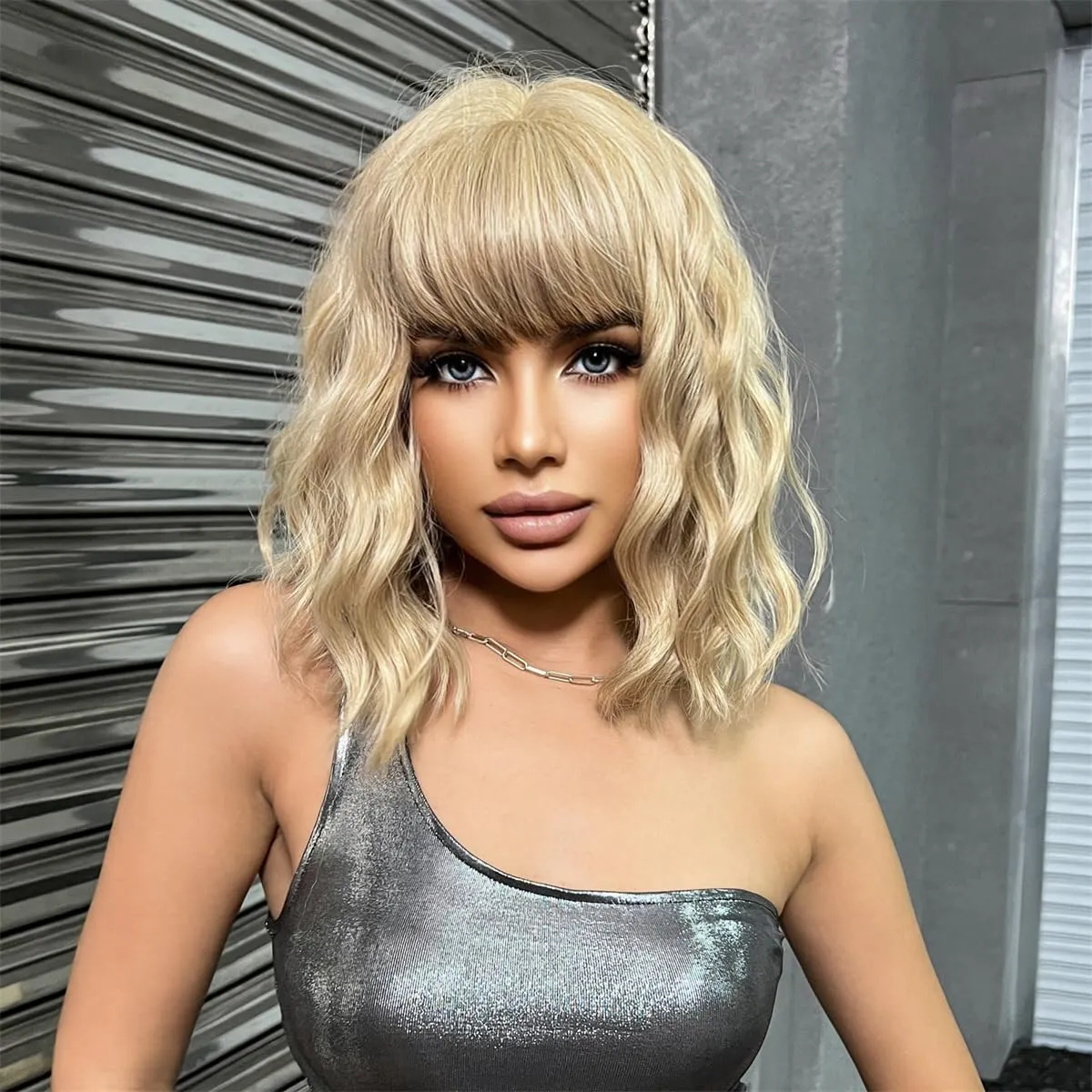 Short Blonde Bob Wigs with Bangs Wavy Curly Wig Shoulder Length Synthetic Cosplay Wigs for Women Colorful Costume Wigs