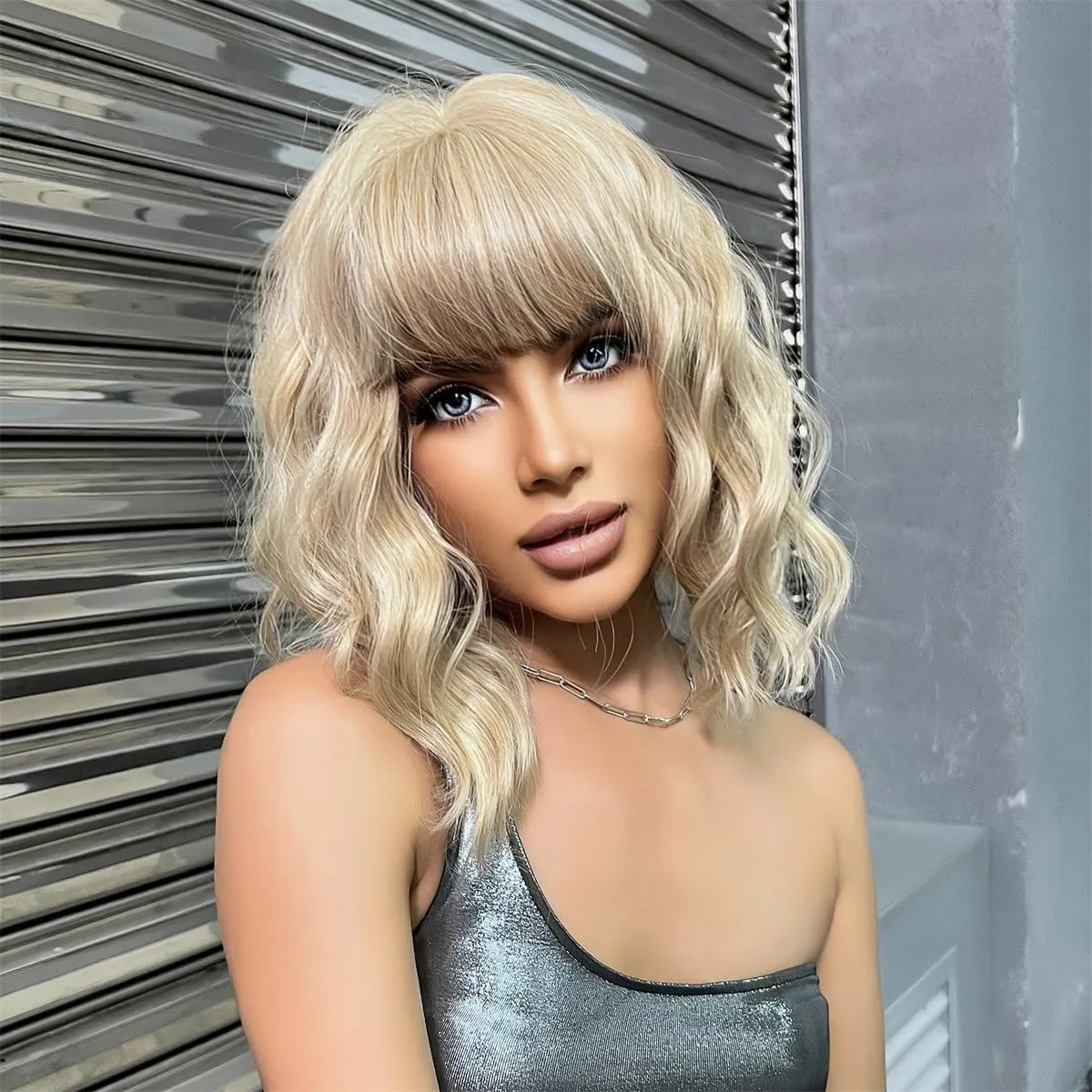 Short Blonde Bob Wigs with Bangs Wavy Curly Wig Shoulder Length Synthetic Cosplay Wigs for Women Colorful Costume Wigs
