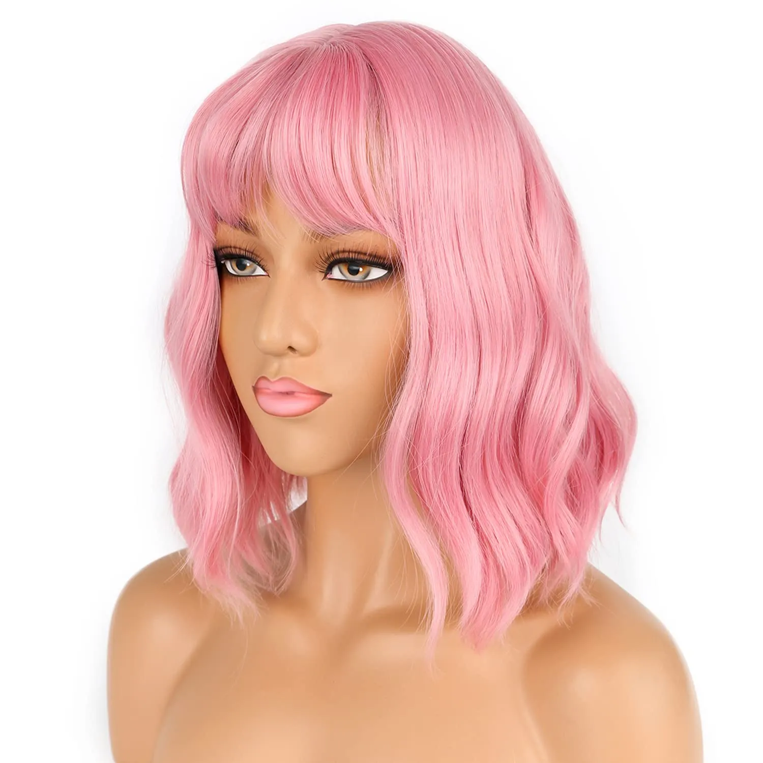 Short Bob Pink Wigs with Bangs for Women Loose Wavy Hair Shoulder Length Wigs Synthetic Colorful Wigs for Cosplay Daily PartyUse(Pink,12inch)