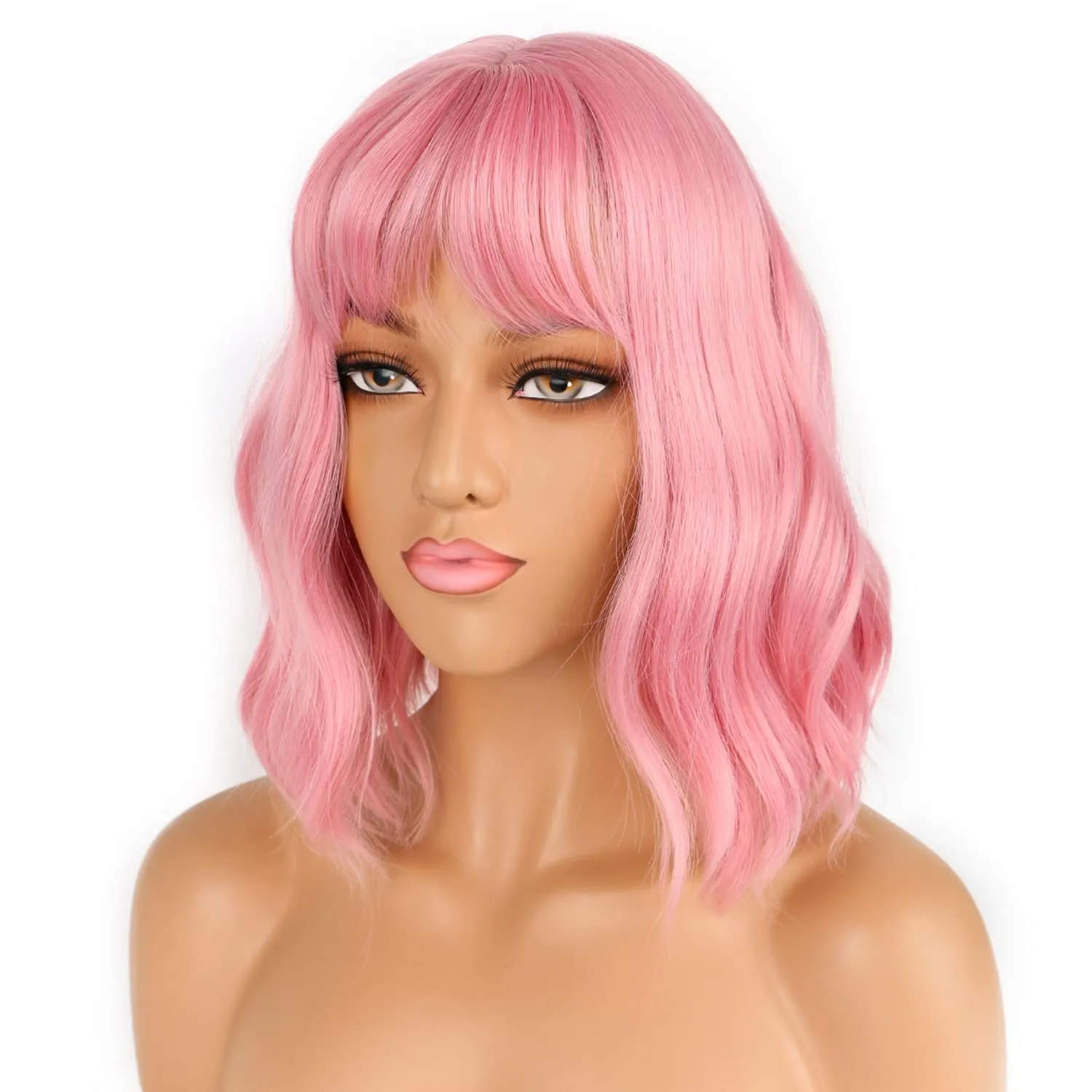 Short Bob Pink Wigs with Bangs for Women Loose Wavy Hair Shoulder Length Wigs Synthetic Colorful Wigs for Cosplay Daily PartyUse(Pink,12inch)