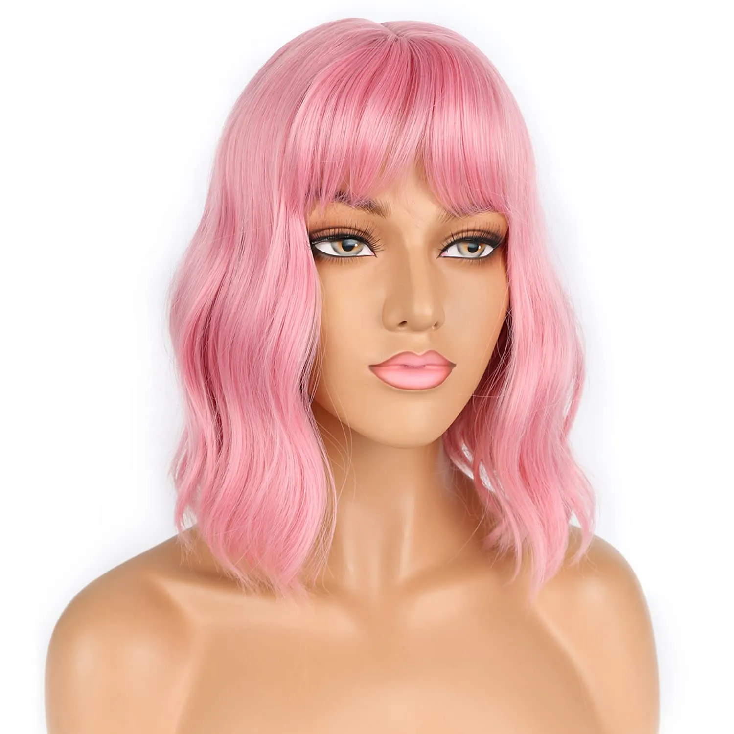 Short Bob Pink Wigs with Bangs for Women Loose Wavy Hair Shoulder Length Wigs Synthetic Colorful Wigs for Cosplay Daily PartyUse(Pink,12inch)