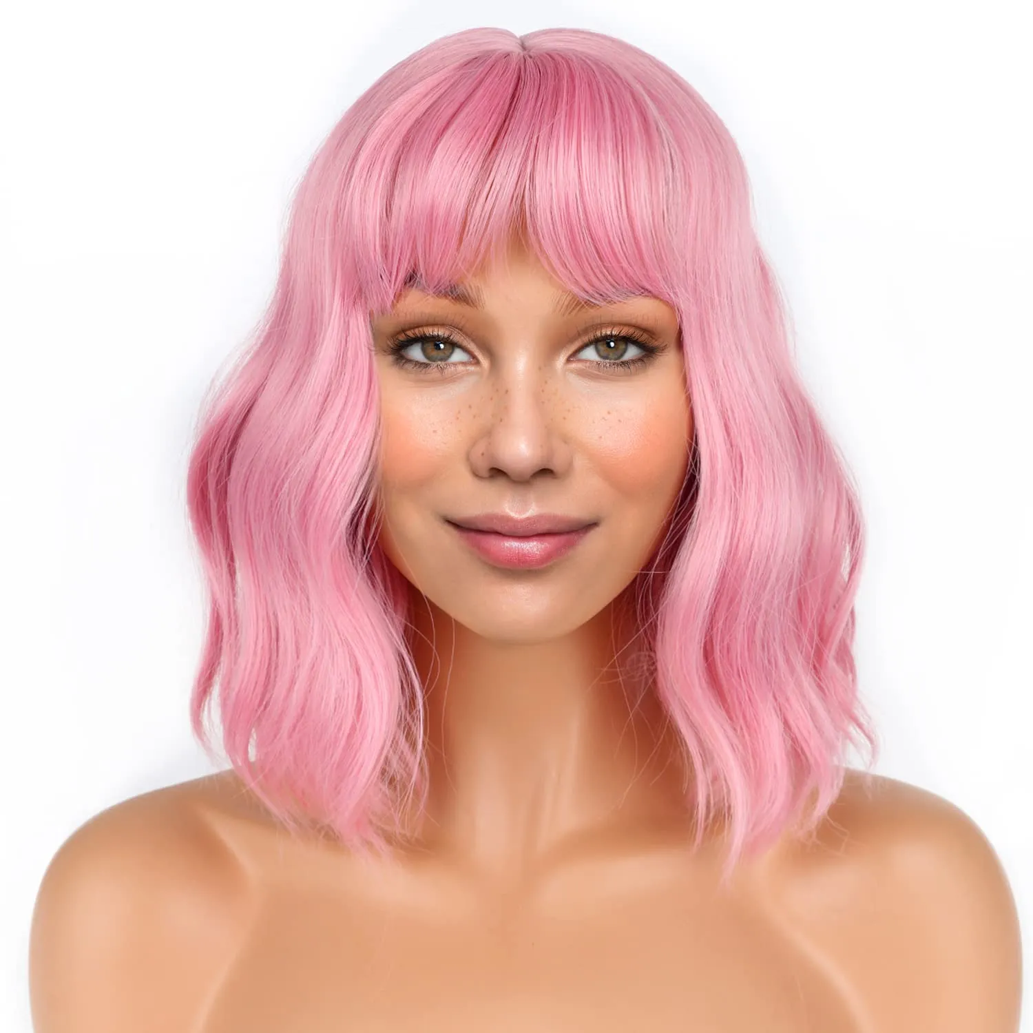 Short Bob Pink Wigs with Bangs for Women Loose Wavy Hair Shoulder Length Wigs Synthetic Colorful Wigs for Cosplay Daily PartyUse(Pink,12inch)