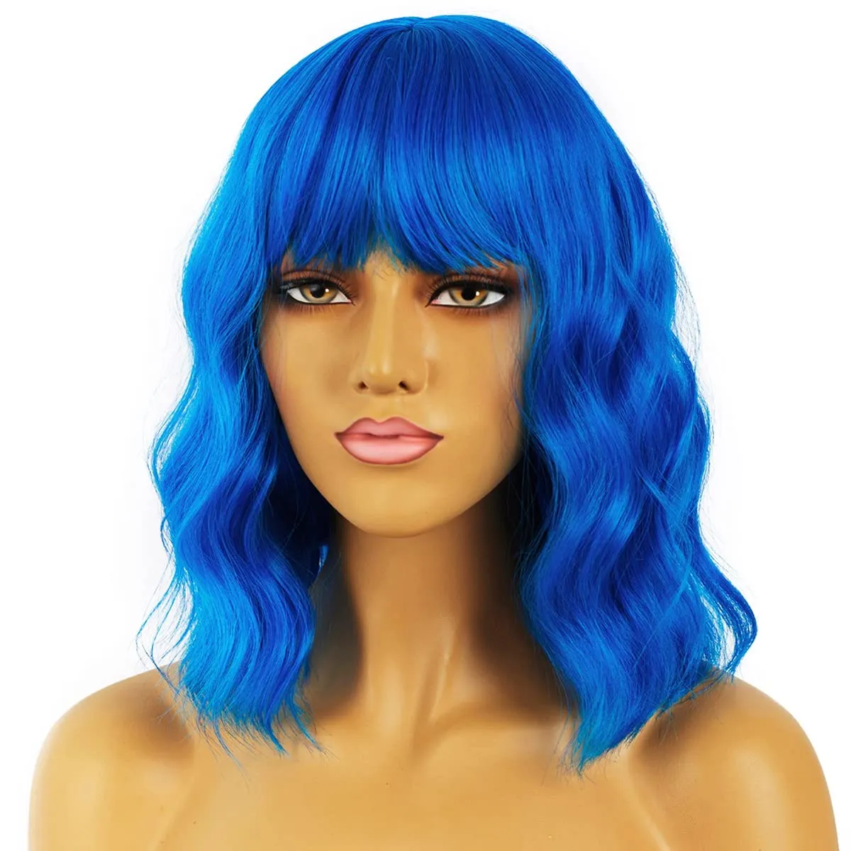 Short Bob Wavy Wig with Bangs for Women Loose Curly Shoulder Length Synthetic Cosplay Wig Bob for Girl Colorful Costume Wigs (Blue)