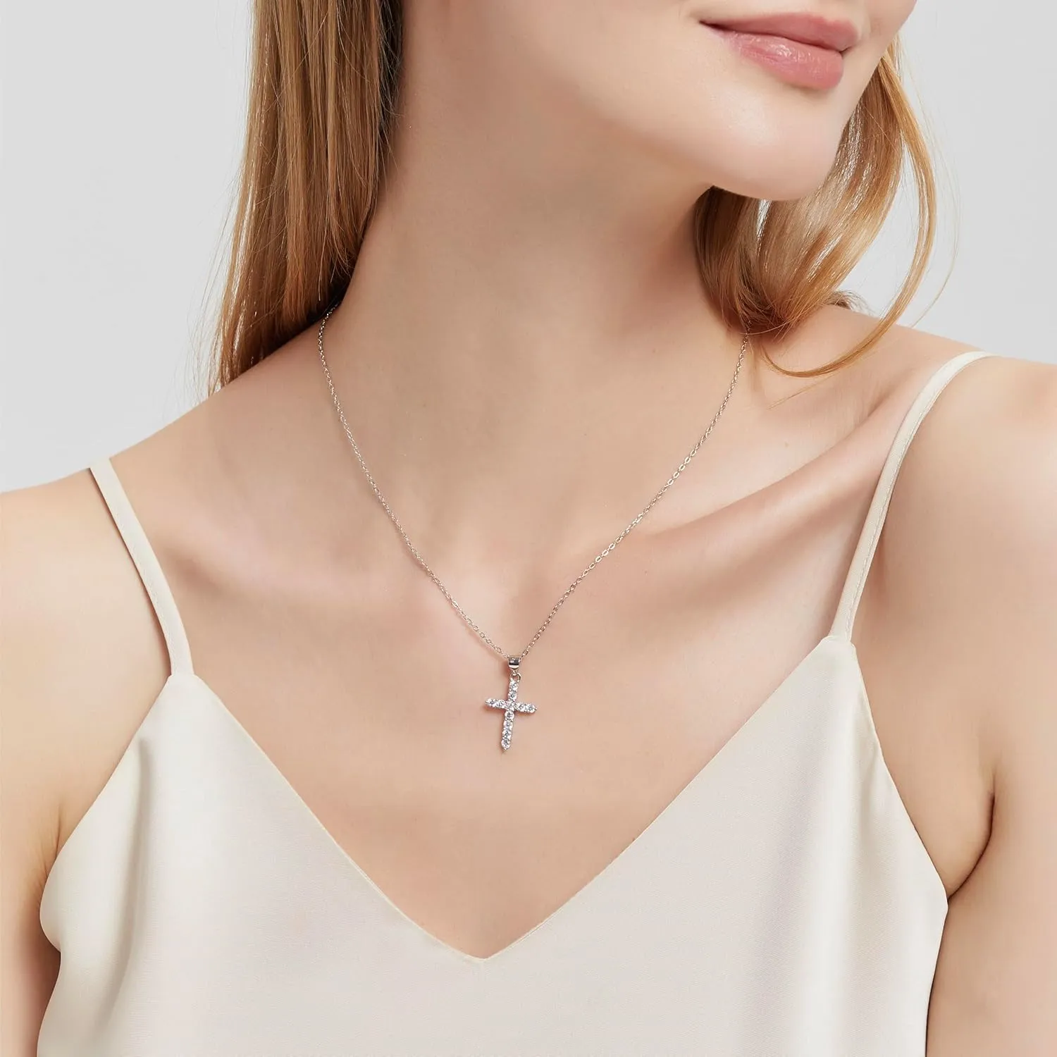 Silver Cross Necklace Handcrafted from S925 Sterling Silver, Set with Cubic Zirconia & Plated in White Gold. Timeless Design, Bringing Good Luck, Protection, and Faith. Cross Faith Necklace for Women.