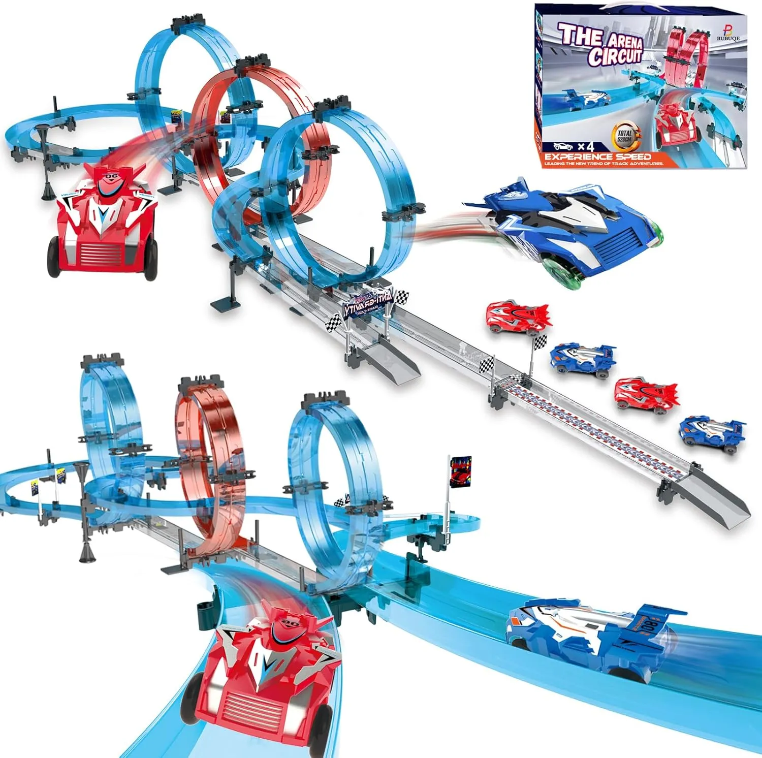 Slot Car Race Track Set with 4 Super Pull-Back Racing Cars, 360°Loops, Turns and Crossover High-Speed Racing Game Circular Overpass Track Gifts Birthday Toys for Boys Kids Age 6 7 8-12