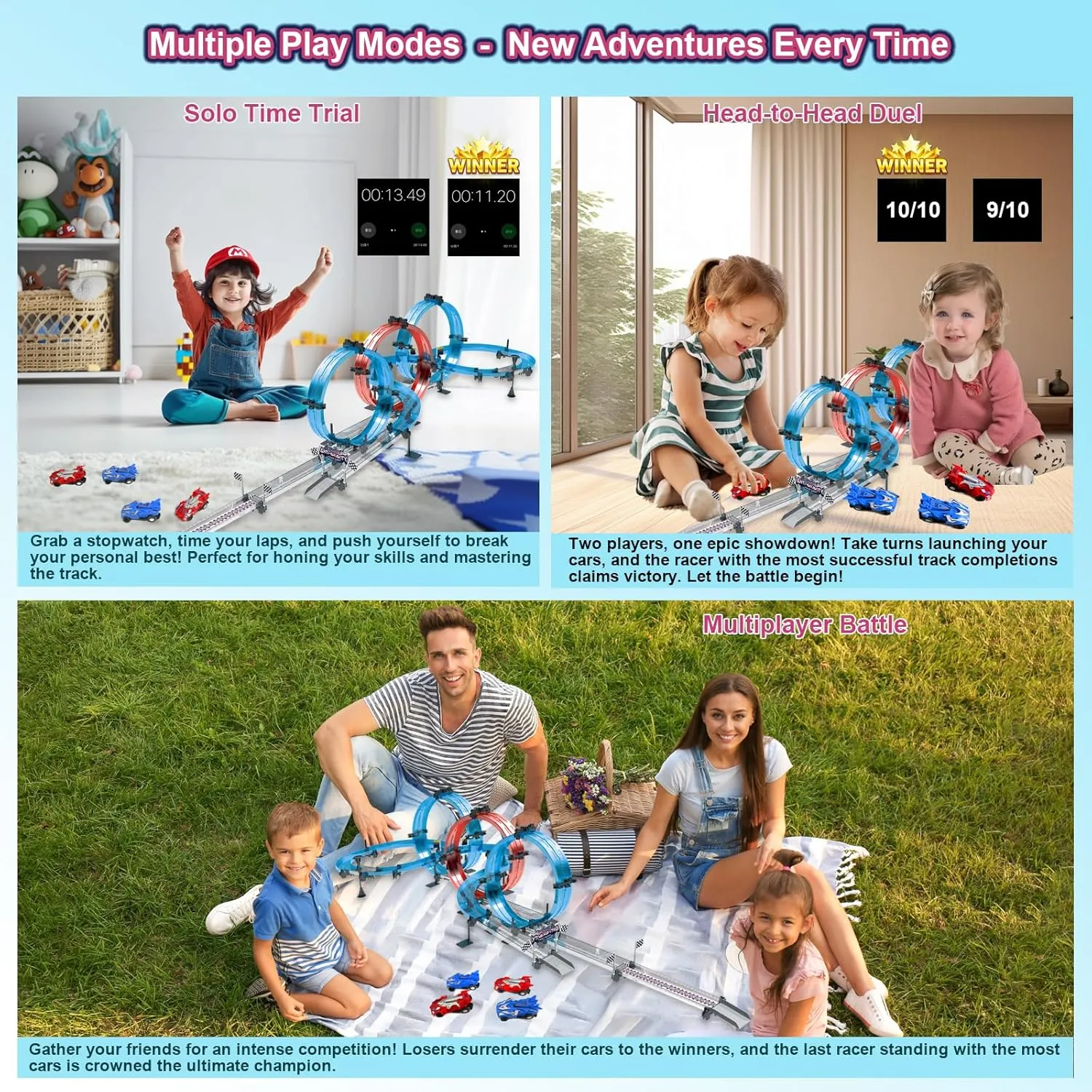 Slot Car Race Track Set with 4 Super Pull-Back Racing Cars, 360°Loops, Turns and Crossover High-Speed Racing Game Circular Overpass Track Gifts Birthday Toys for Boys Kids Age 6 7 8-12