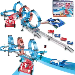 Slot Car Race Track Set with 4 Super Pull-Back Racing Cars, 360°Loops, Turns and Crossover High-Speed Racing Game Circular Overpass Track Gifts Birthday Toys for Boys Kids Age 6 7 8-12