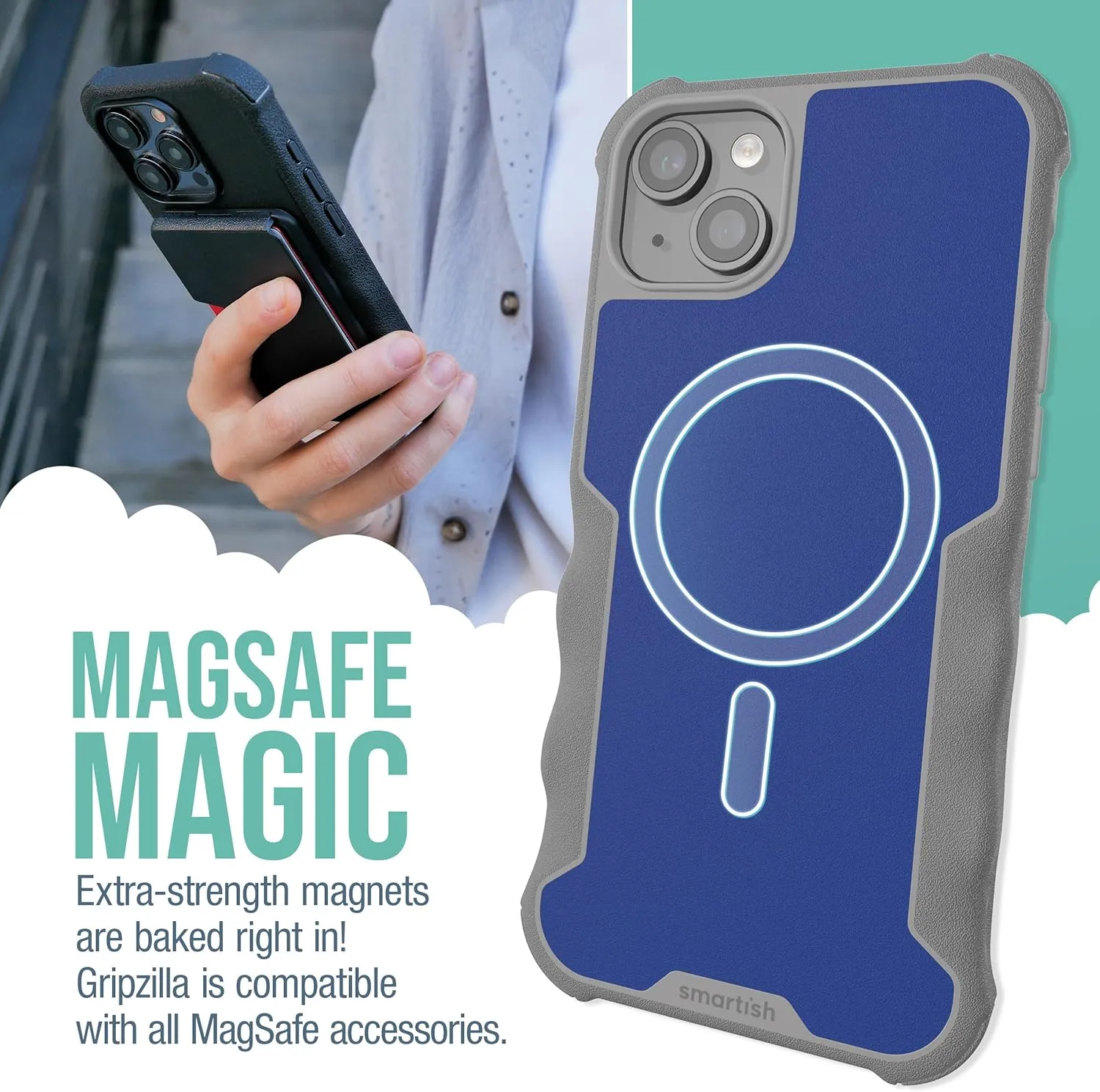 Smartish® iPhone 15 Plus Protective Magnetic Case - Gripzilla Compatible with MagSafe [Rugged   Tough] Heavy Duty Grip Armor Cover w/Drop Tested Protection for Apple iPhone 15 Plus - Blueberry Bandit