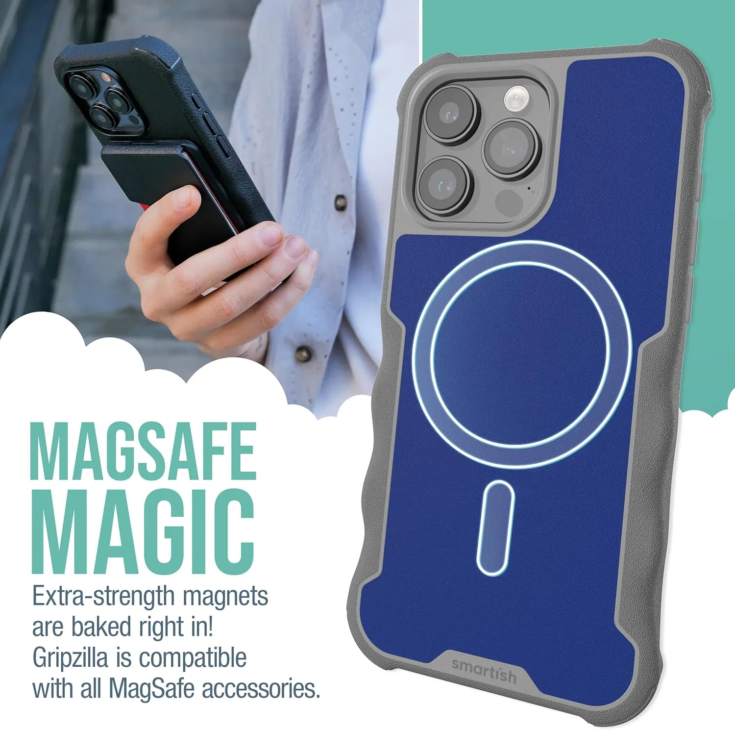 Smartish® iPhone 15 Pro Max Protective Magnetic Case - Gripzilla Compatible with MagSafe [Rugged Heavy Duty Grip Armor Cover] w/Drop Tested Protection for Apple iPhone 15 Pro Max - Blueberry Bandit