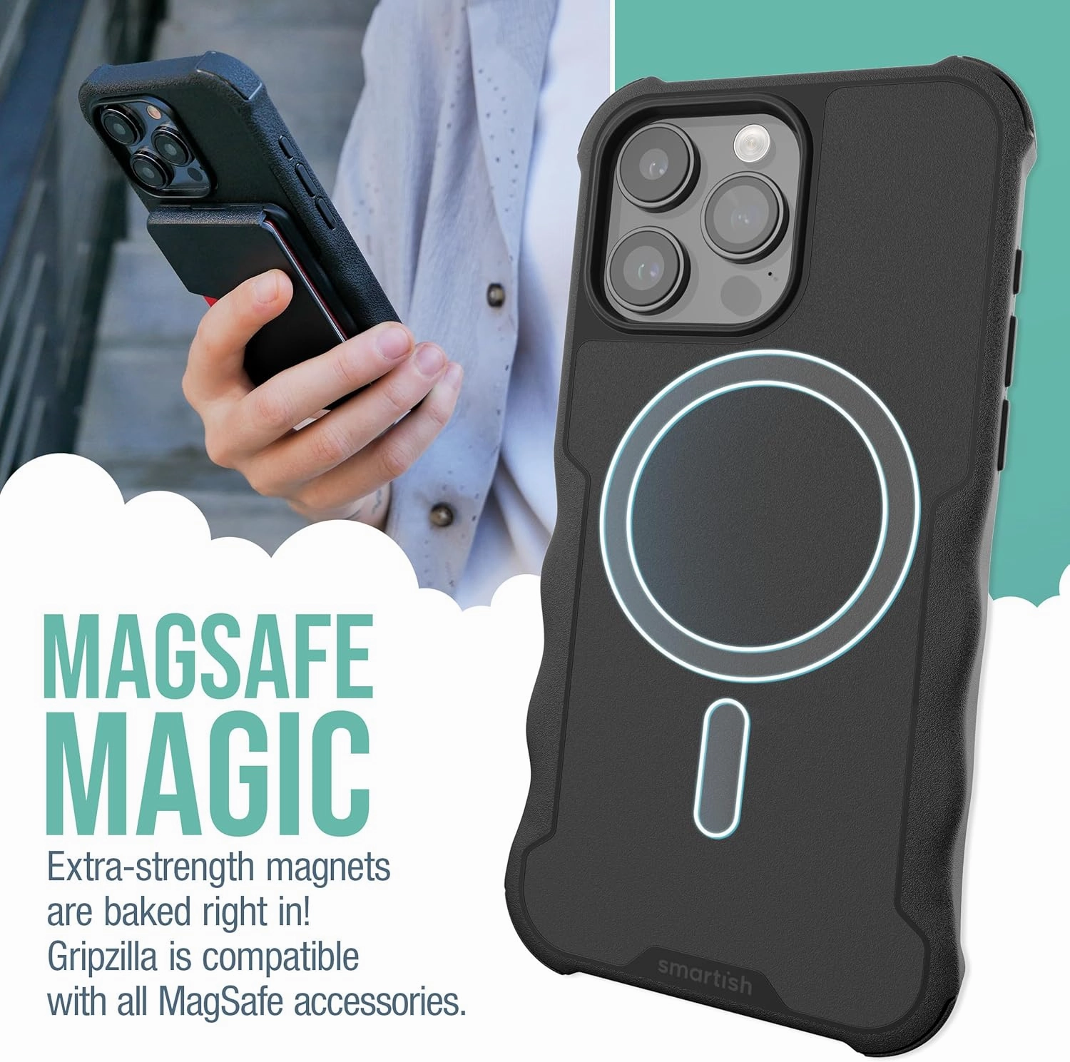 Smartish® iPhone 15 Pro Max Protective Magnetic Case - Gripzilla Compatible with MagSafe [Rugged Heavy Duty Grip Armor Cover] w/Drop Tested Protection for Apple iPhone 15 Pro Max - Black Tie Affair