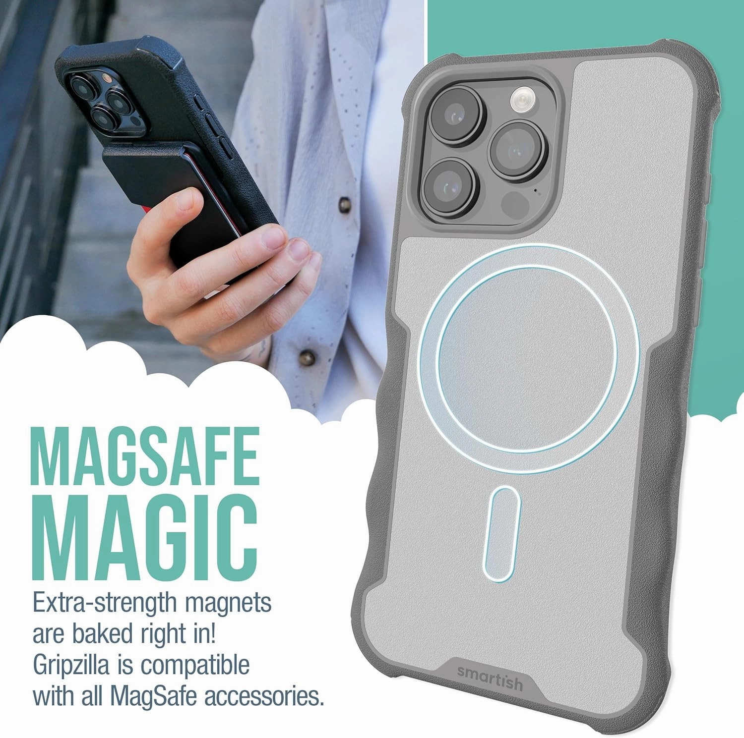 Smartish® iPhone 15 Pro Max Protective Magnetic Case - Gripzilla Compatible with MagSafe [Rugged Heavy Duty Slim Grip Armor Cover] w/Drop Tested Protection for Apple iPhone 15 Pro Max - Gray Area