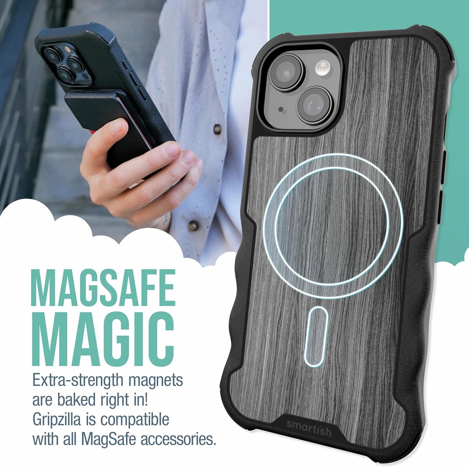 Smartish® iPhone 15 Protective Magnetic Case - Gripzilla Compatible with MagSafe [Rugged   Tough] Heavy Duty Grip Armored Slim Cover w/Drop Tested Protection for Apple iPhone 15 - Graspin' Aspen