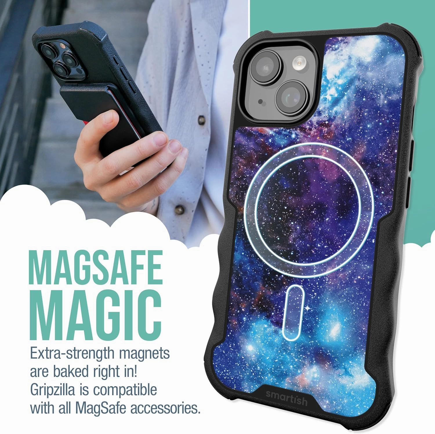 Smartish® iPhone 15 Protective Magnetic Case - Gripzilla Compatible with MagSafe [Rugged   Tough] Heavy Duty Grip Armored Slim Cover w/Drop Tested Protection for Apple iPhone 15 - Spaced Out