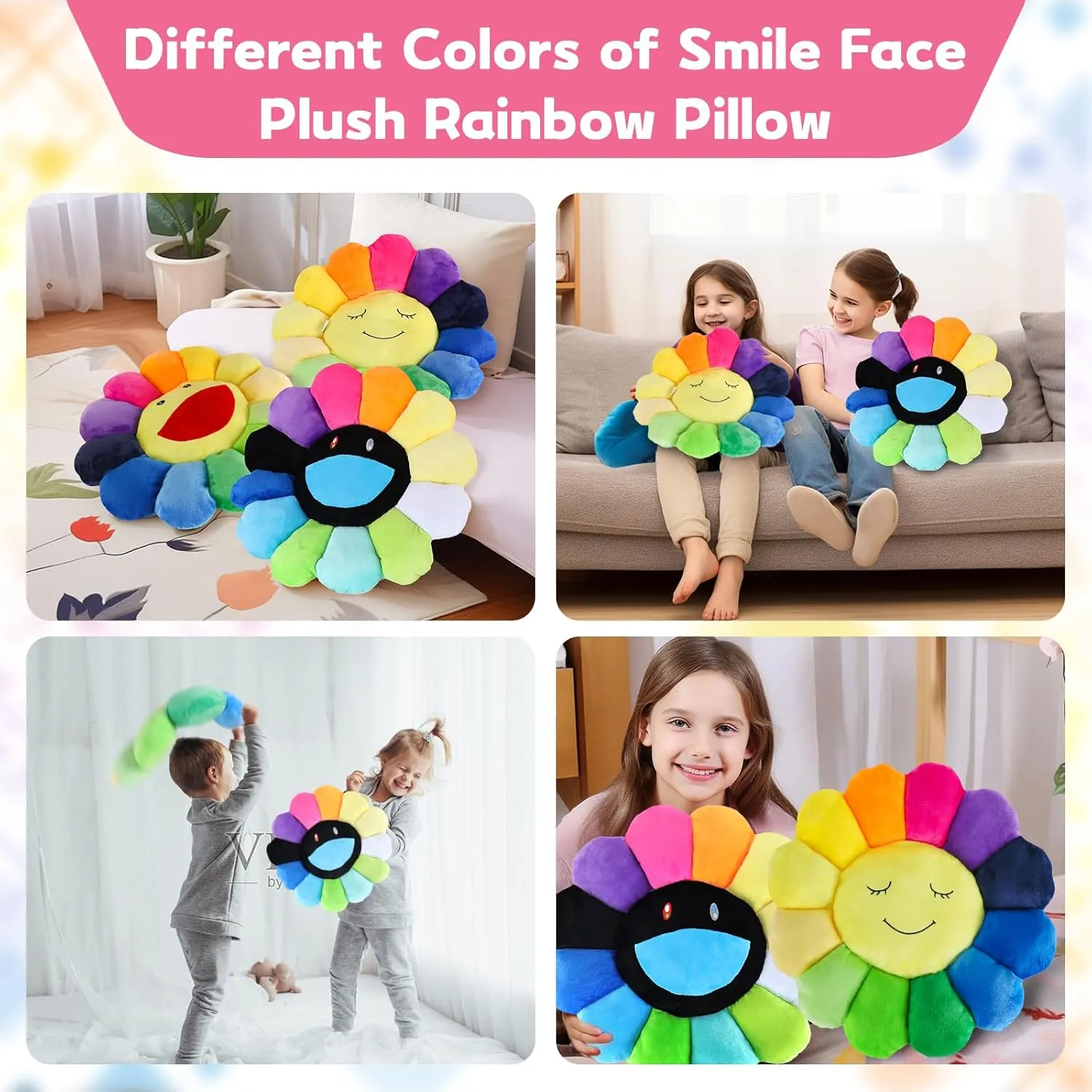 Smile Face Plush Rainbow Pillow, Sunflower Indie Decor Plush Pillow Soft & Comfortable Flower Floor Pillow for Home Reading Bed Room Decoration (40CM, Black and White)