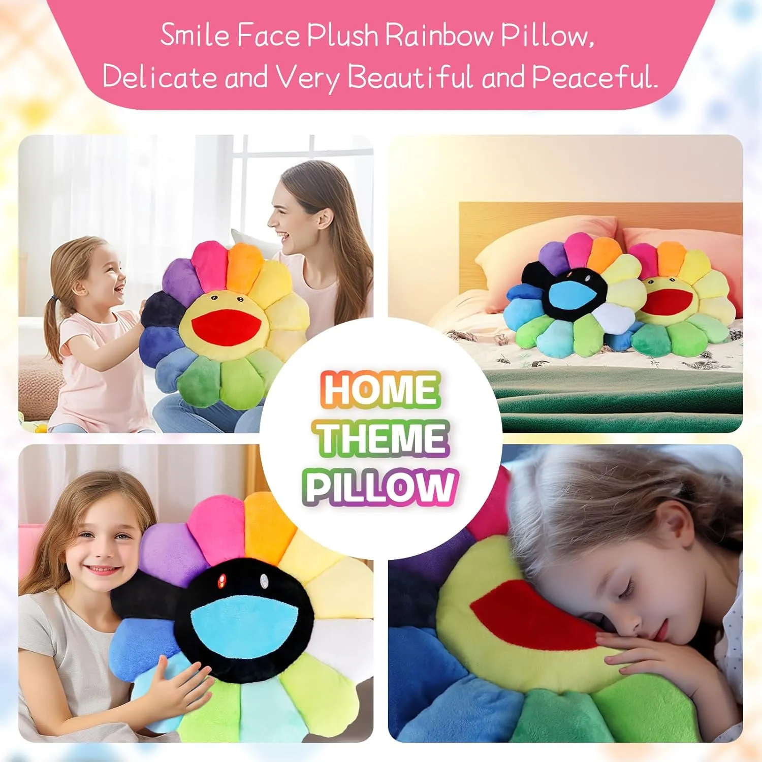 Smile Face Plush Rainbow Pillow, Sunflower Indie Decor Plush Pillow Soft & Comfortable Flower Floor Pillow for Home Reading Bed Room Decoration (40CM, Black and White)