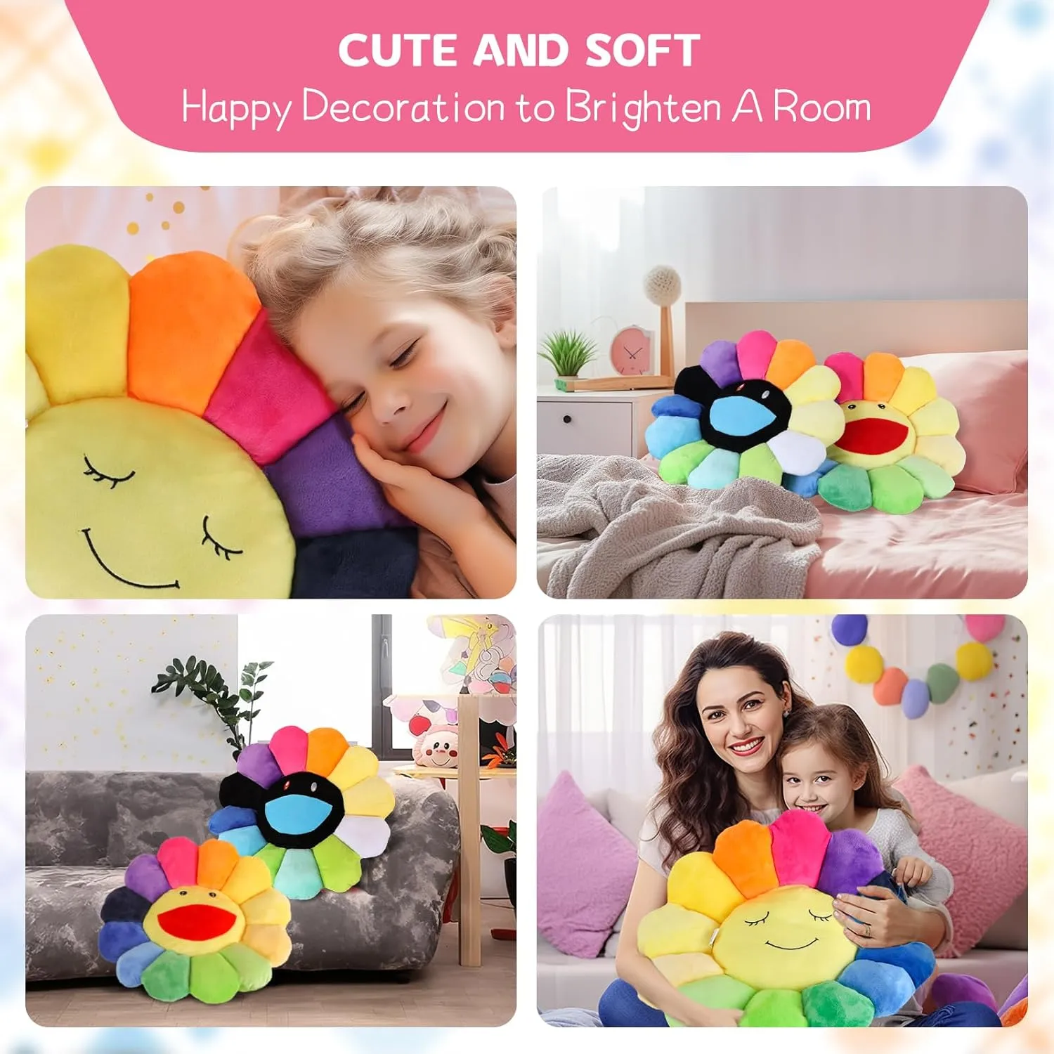 Smile Face Plush Rainbow Pillow, Sunflower Indie Decor Plush Pillow Soft & Comfortable Flower Floor Pillow for Home Reading Bed Room Decoration (40CM, Black and White)
