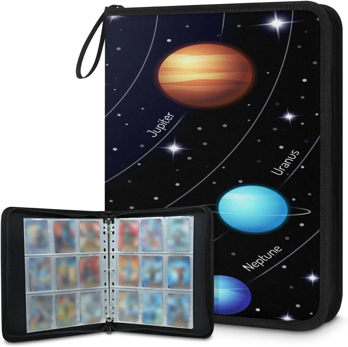 Solar System 3 Ring Trading Zipper Binder Strap, Trading Card Binder 4 Pocket, 400 Pockets Card Holder with 50 Removable Sleeves for Game Cards