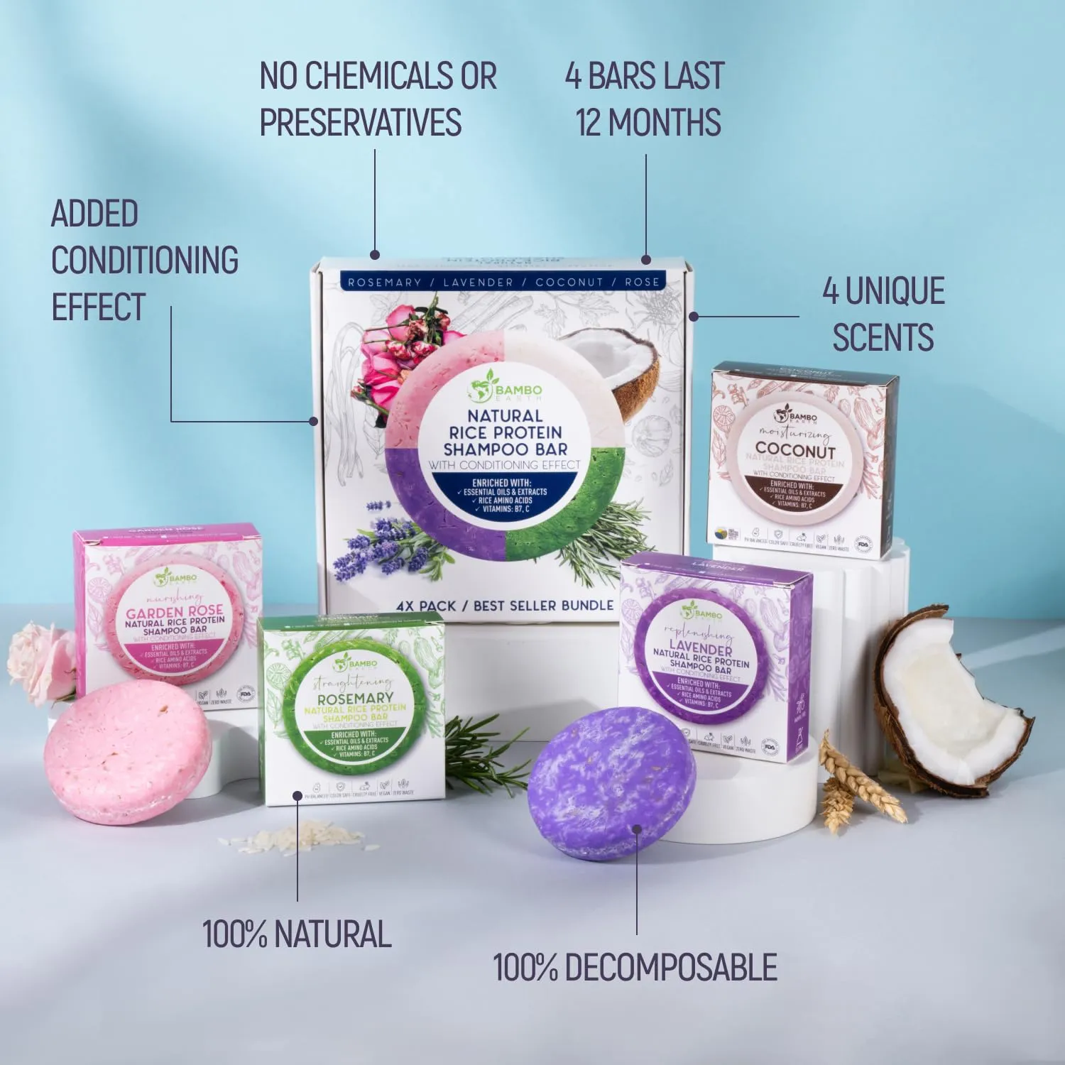 Solid Rice Protein Water Shampoo Bar With Conditioner Effect Hair Soap – Shampoo Bars For Hair With All Natural Plant Based Essential Oils And Zero Waste Packaging | Fan Favourite Bundle 4 Pack