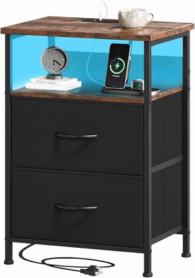 Somdot Black Nightstand with Charging Station and LED Light for Bedroom, 2 Drawers Dresser with Fabric Bins for Bedside Kids Dorm Room Closet Laundry Entryway, Black Rustic Brown