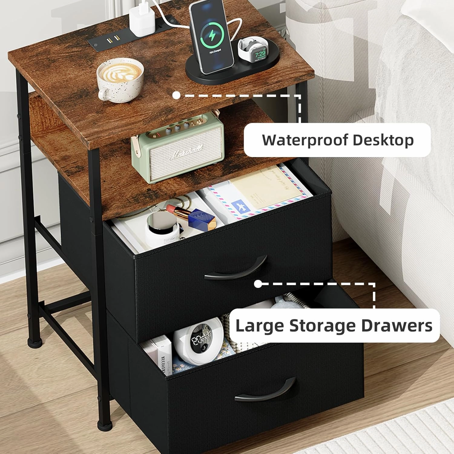 Somdot Black Nightstand with Charging Station and LED Light for Bedroom, 2 Drawers Dresser with Fabric Bins for Bedside Kids Dorm Room Closet Laundry Entryway, Black Rustic Brown