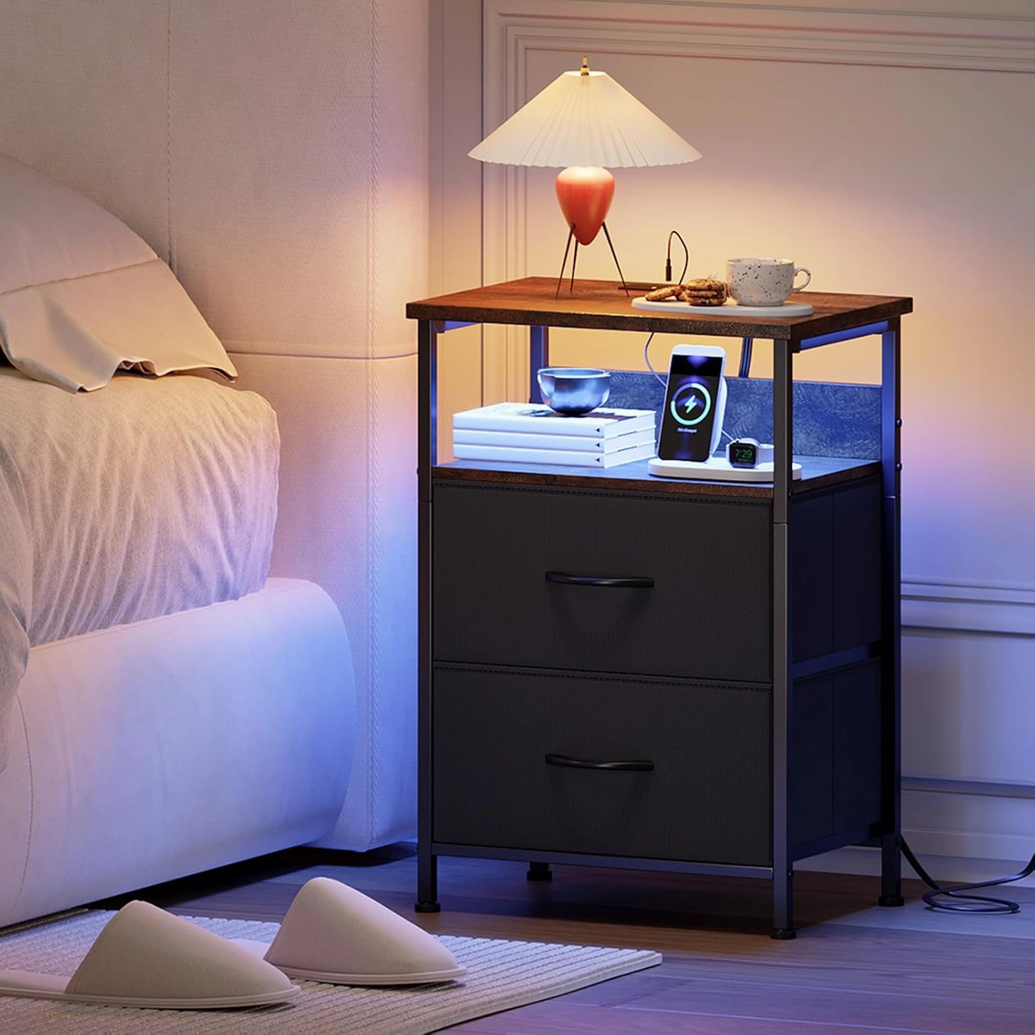 Somdot Black Nightstand with Charging Station and LED Light for Bedroom, 2 Drawers Dresser with Fabric Bins for Bedside Kids Dorm Room Closet Laundry Entryway, Black Rustic Brown