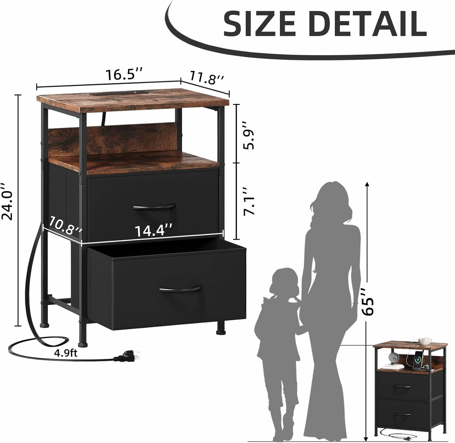 Somdot Black Nightstand with Charging Station and LED Light for Bedroom, 2 Drawers Dresser with Fabric Bins for Bedside Kids Dorm Room Closet Laundry Entryway, Black Rustic Brown