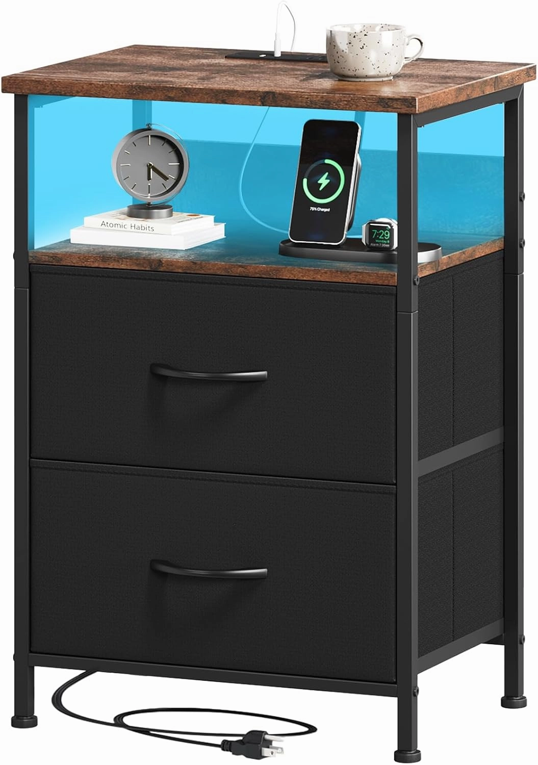 Somdot Black Nightstand with Charging Station and LED Light for Bedroom, 2 Drawers Dresser with Fabric Bins for Bedside Kids Dorm Room Closet Laundry Entryway, Black Rustic Brown