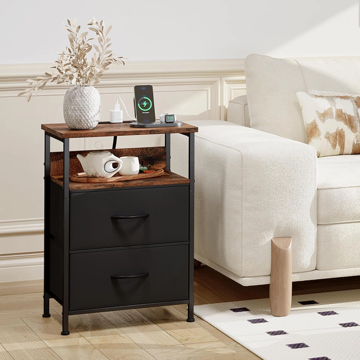 Somdot Black Nightstand with Charging Station and LED Light for Bedroom, 2 Drawers Dresser with Fabric Bins for Bedside Kids Dorm Room Closet Laundry Entryway, Black Rustic Brown