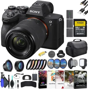 Sony a7 IV Mirrorless Camera with 28-70mm Lens ILCE-7M4K/B, 64GB Memory Card, Filter Kit, Wide Angle Lens, Telephoto Lens, Color Filter Kit, Lens Hood, Bag, and More