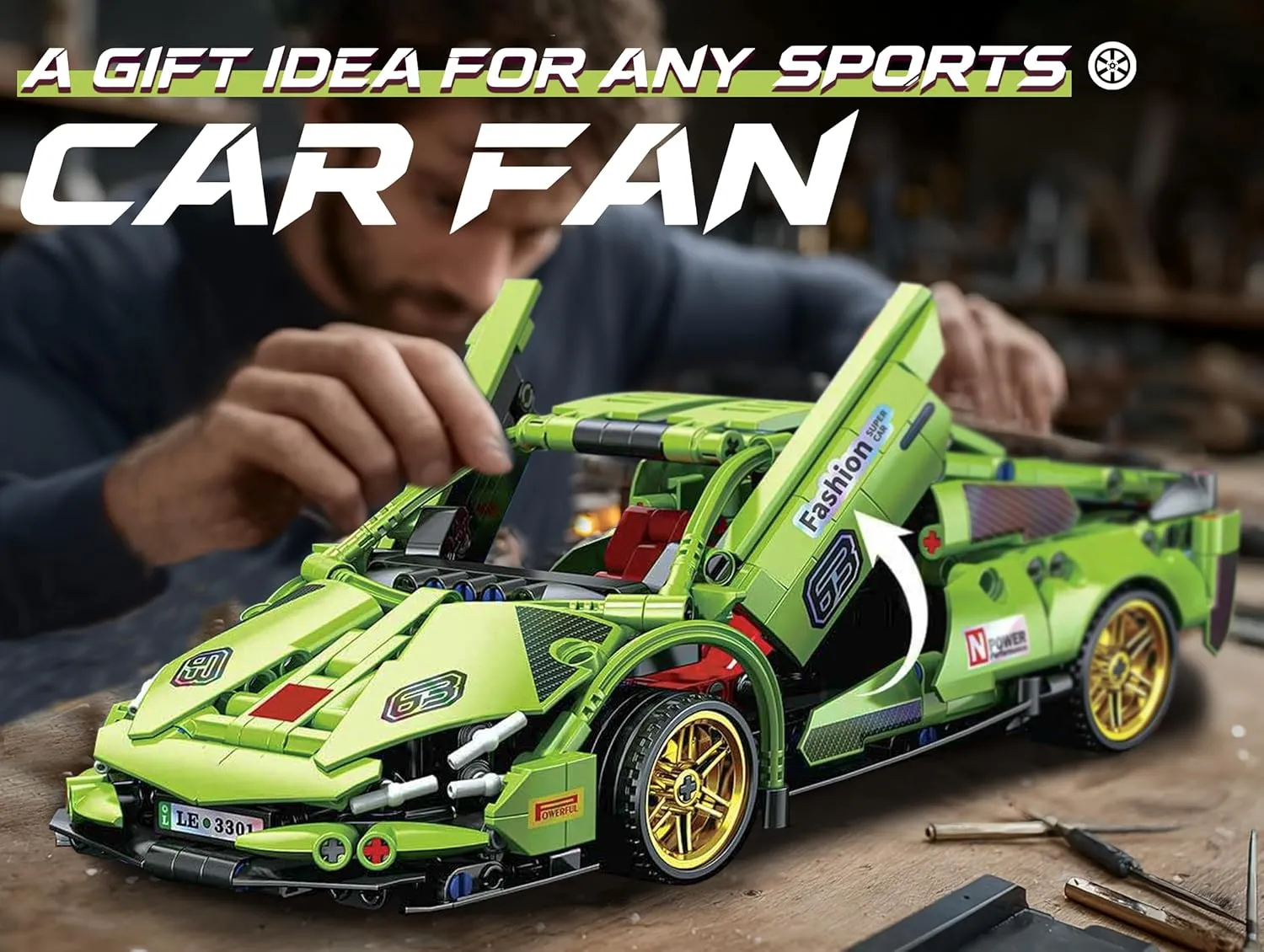 Sosuy Building-Block Race-Car Set, 1:18 Technical Model Kit 586 Pcs DIY Green Pull-Back Toy for Boy Girl Kid Age 6  Year, Birthday Gift for Teen Adult Display, Speed Super Sports Cars Bricks Icons