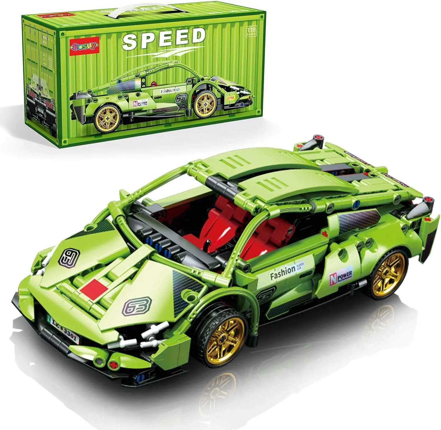 Sosuy Building-Block Race-Car Set, 1:18 Technical Model Kit 586 Pcs DIY Green Pull-Back Toy for Boy Girl Kid Age 6  Year, Birthday Gift for Teen Adult Display, Speed Super Sports Cars Bricks Icons