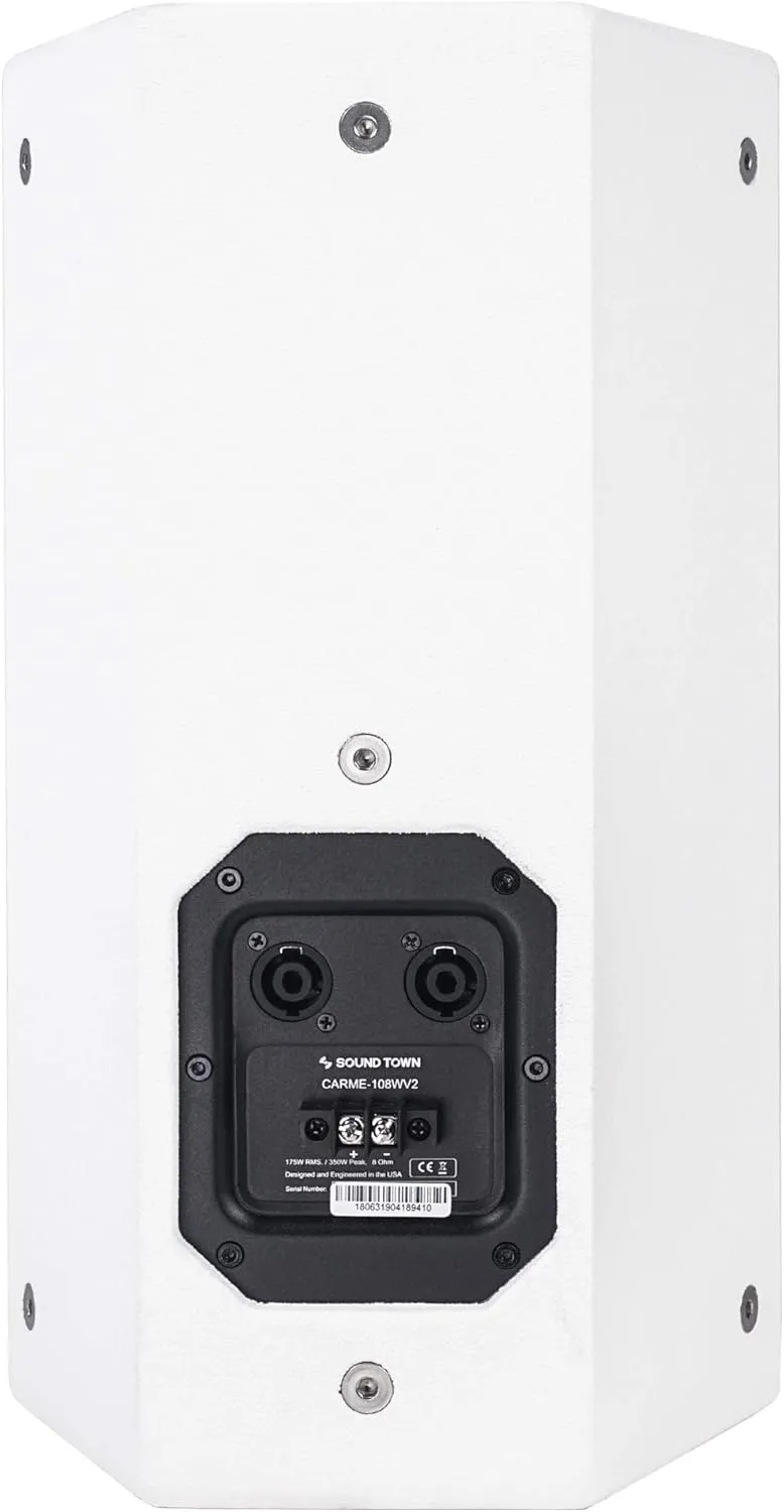 Sound Town Pair of CARME Series 8" 350W 2-Way Professional PA DJ Speakers, White with Compression Drivers, Birch Plywood and U Brackets for Installation, Live Sound, Karaoke (CARME-U108W-PAIR)
