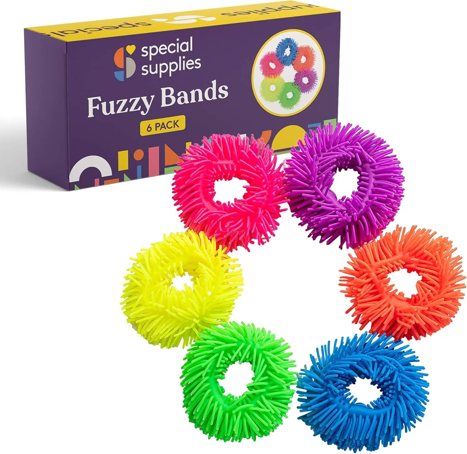 Special Supplies Squishy Fuzzy Band Bracelets for Kids, 6 Pack, Flexible and Stretchy Wearable Sensory Toys, Tactile Silicone Squiggly Touch, Bright and Colorful Wristbands