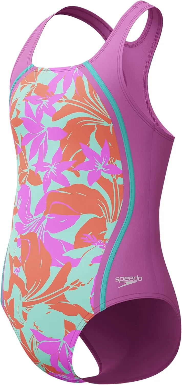 Speedo Girls' Swimsuit One Piece Thick Strap Racer Back Printed