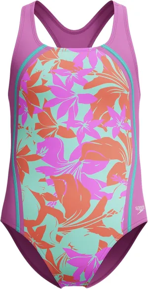 Speedo Girls' Swimsuit One Piece Thick Strap Racer Back Printed