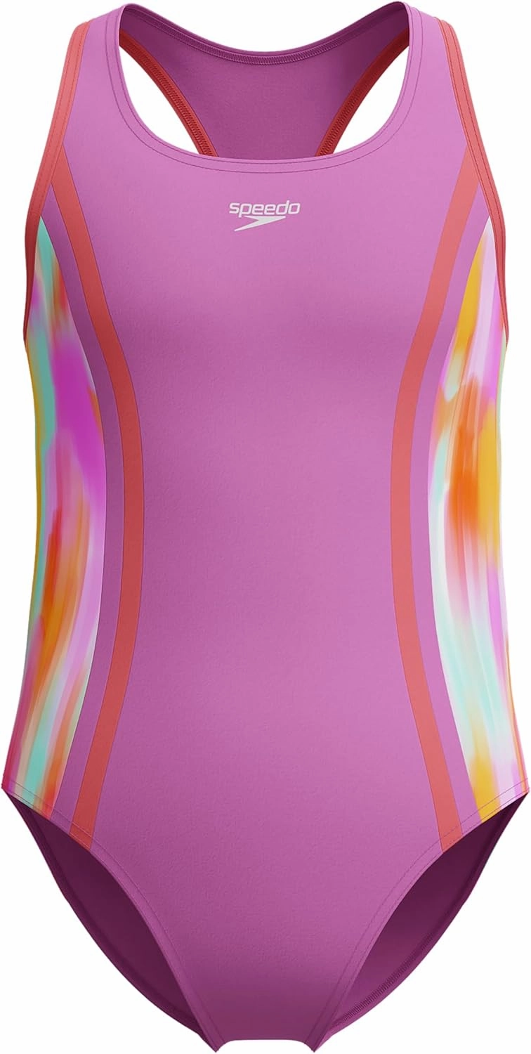 Speedo Girls' Swimsuit One Piece Thick Strap Racer Back Printed