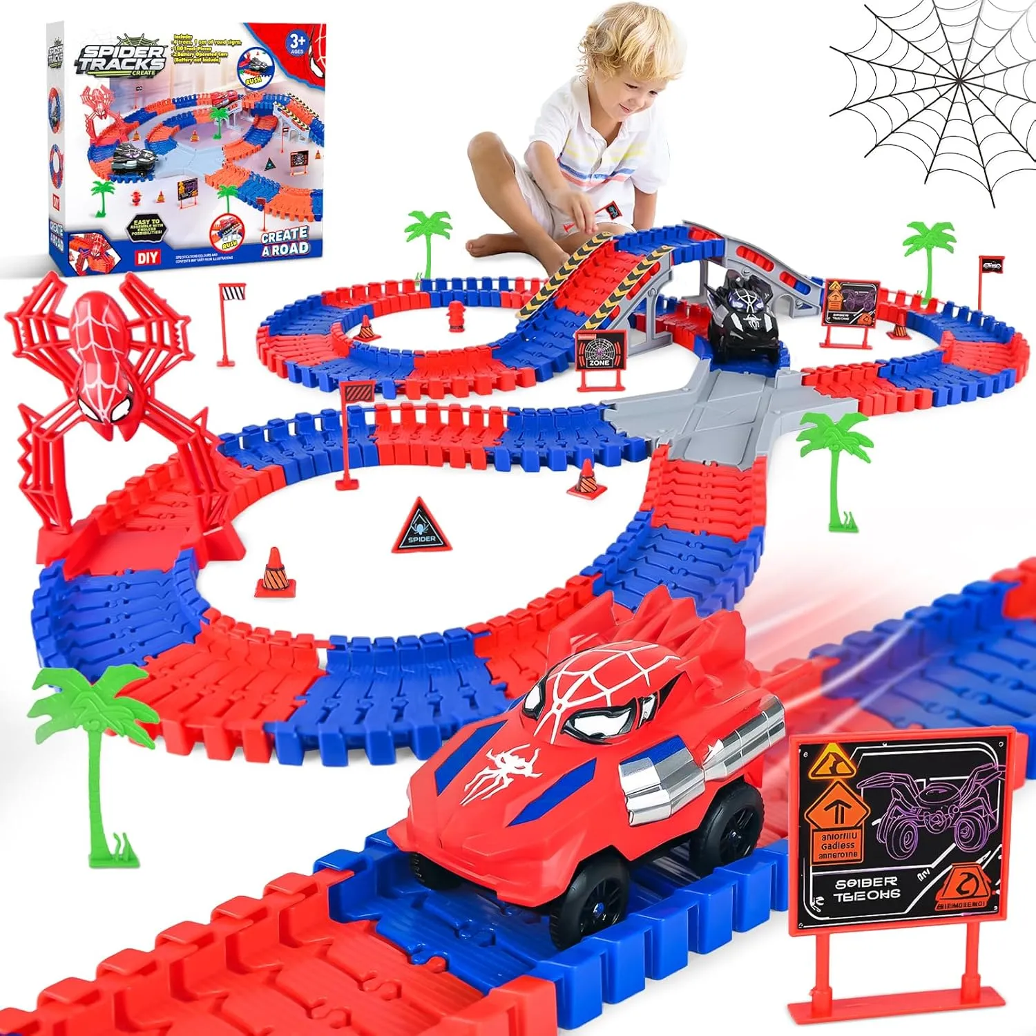 Spider Race Track Toys for Boys, with 2 Electric Spider Car DIY, Flexible Tracks Playset Toys for 3 4 5 6 Year Old Boys, 212 PCS Car Tracks for Kids Toddler Boys Age 3-5 4-6 6-8