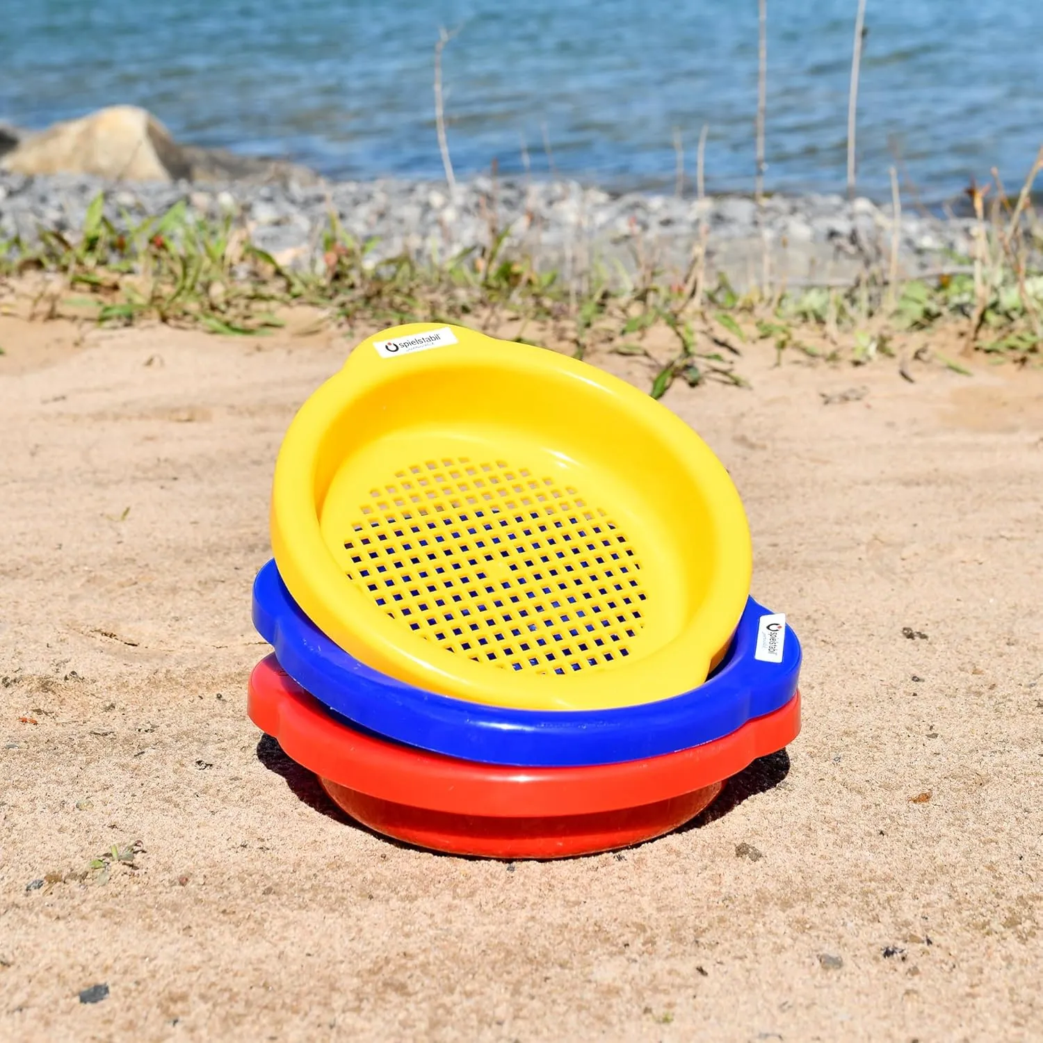Spielstabil 3 Pack Small Sand Sieves (1 Red, 1 Blue, 1 Yellow Beach Sifter) - Made in Germany