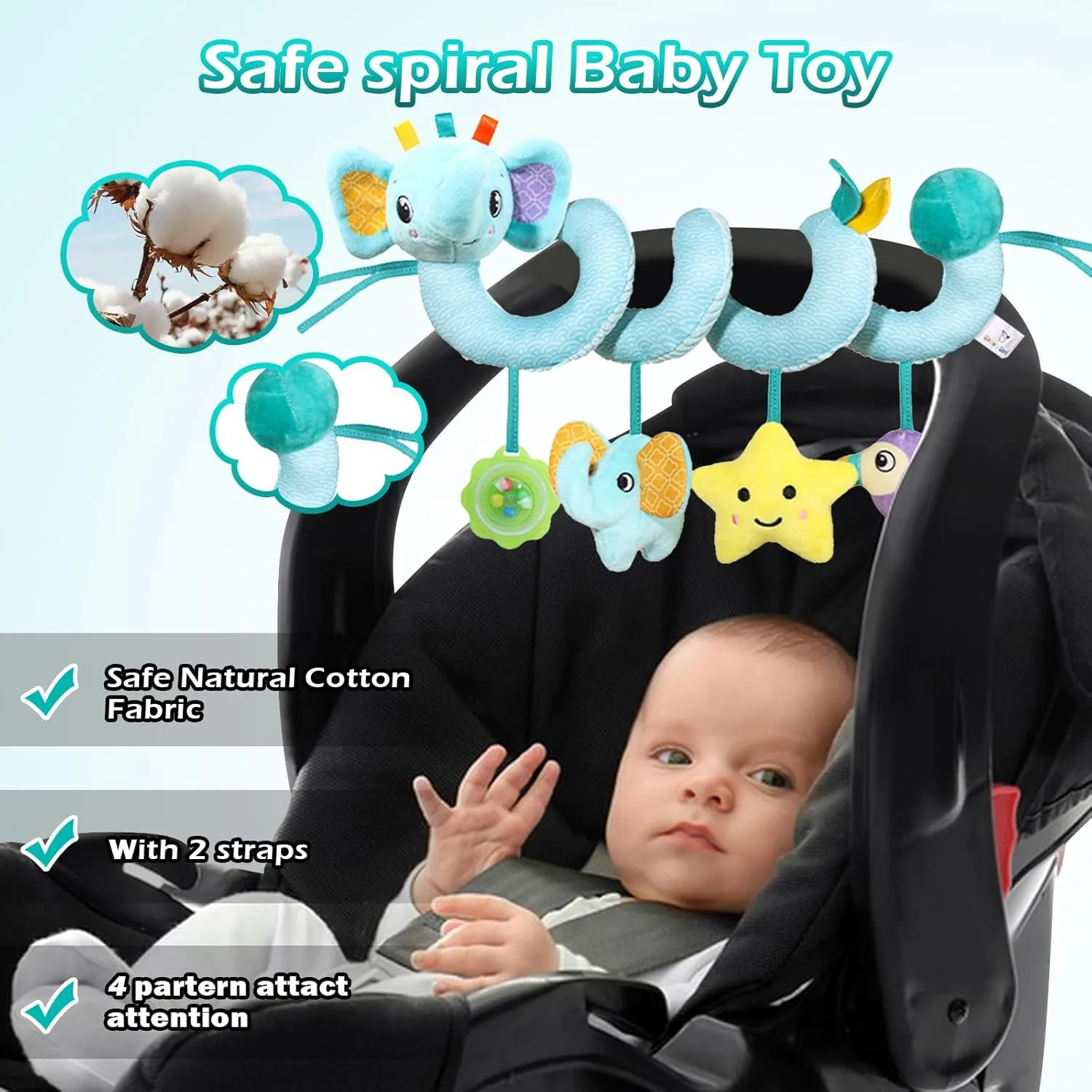 Spiral Car Seat Toys Stroller Toy for Babies - Baby Crib Hanging Rattles Toys for Babies 0-12 Months, Carseat Pram Crib with Musical Rattle Toy for Newborn Boys Girls Gifts（Elephant）