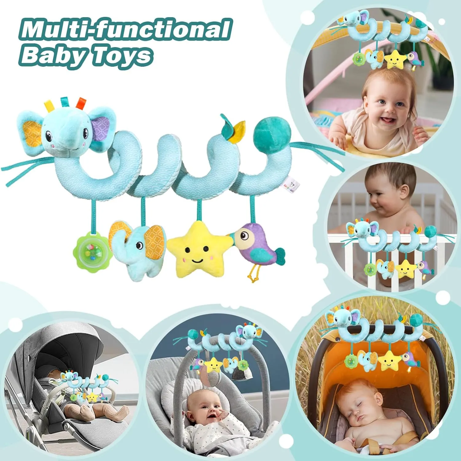 Spiral Car Seat Toys Stroller Toy for Babies - Baby Crib Hanging Rattles Toys for Babies 0-12 Months, Carseat Pram Crib with Musical Rattle Toy for Newborn Boys Girls Gifts（Elephant）
