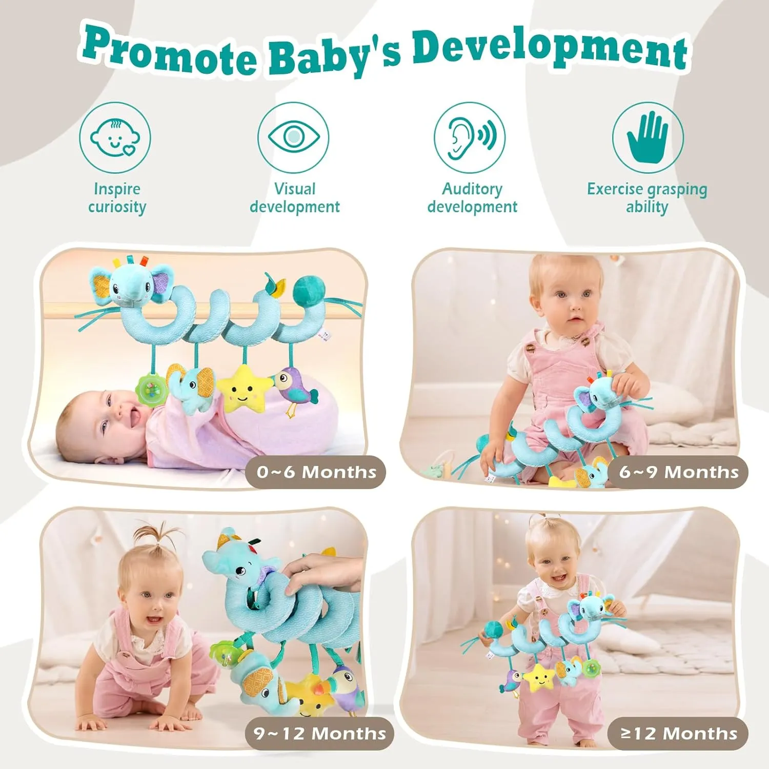 Spiral Car Seat Toys Stroller Toy for Babies - Baby Crib Hanging Rattles Toys for Babies 0-12 Months, Carseat Pram Crib with Musical Rattle Toy for Newborn Boys Girls Gifts（Elephant）