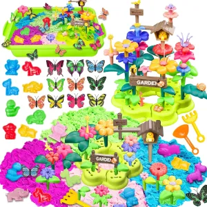 Spring Garden Sensory Bin Toys for Boys Girls Age 3-6, 51 PCS Flower Building Blocks, 2.2lbs Sensory Play Sand, 10 Sandbox Toy, Garden Play Set, Preschool Learning Toys Gifts for Toddlers Kids