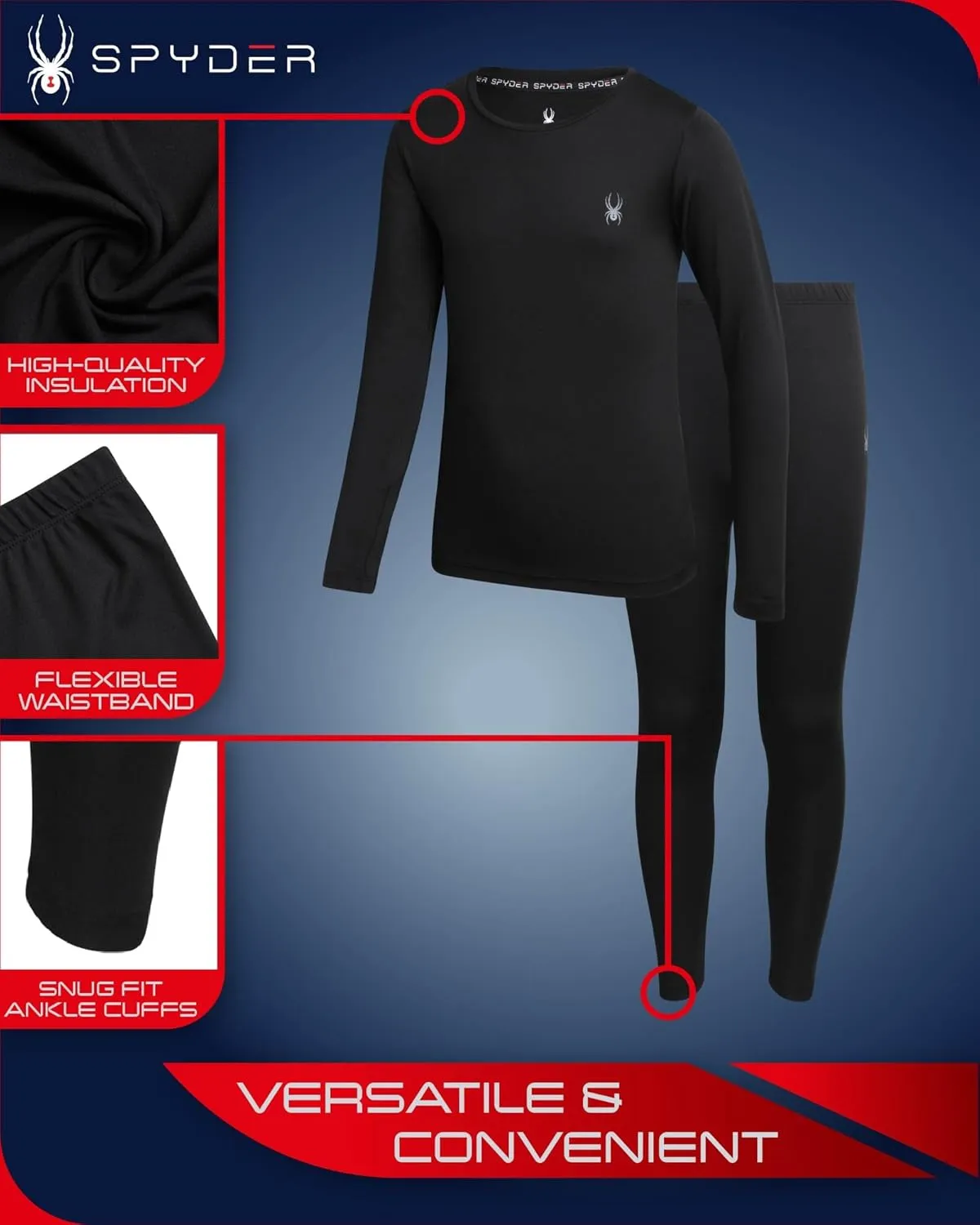 Spyder Kids Thermal Underwear Set - 4 Piece Brushed Back Fleece Lined Long Johns Base Layer Set for Boys and Girls (4-18)
