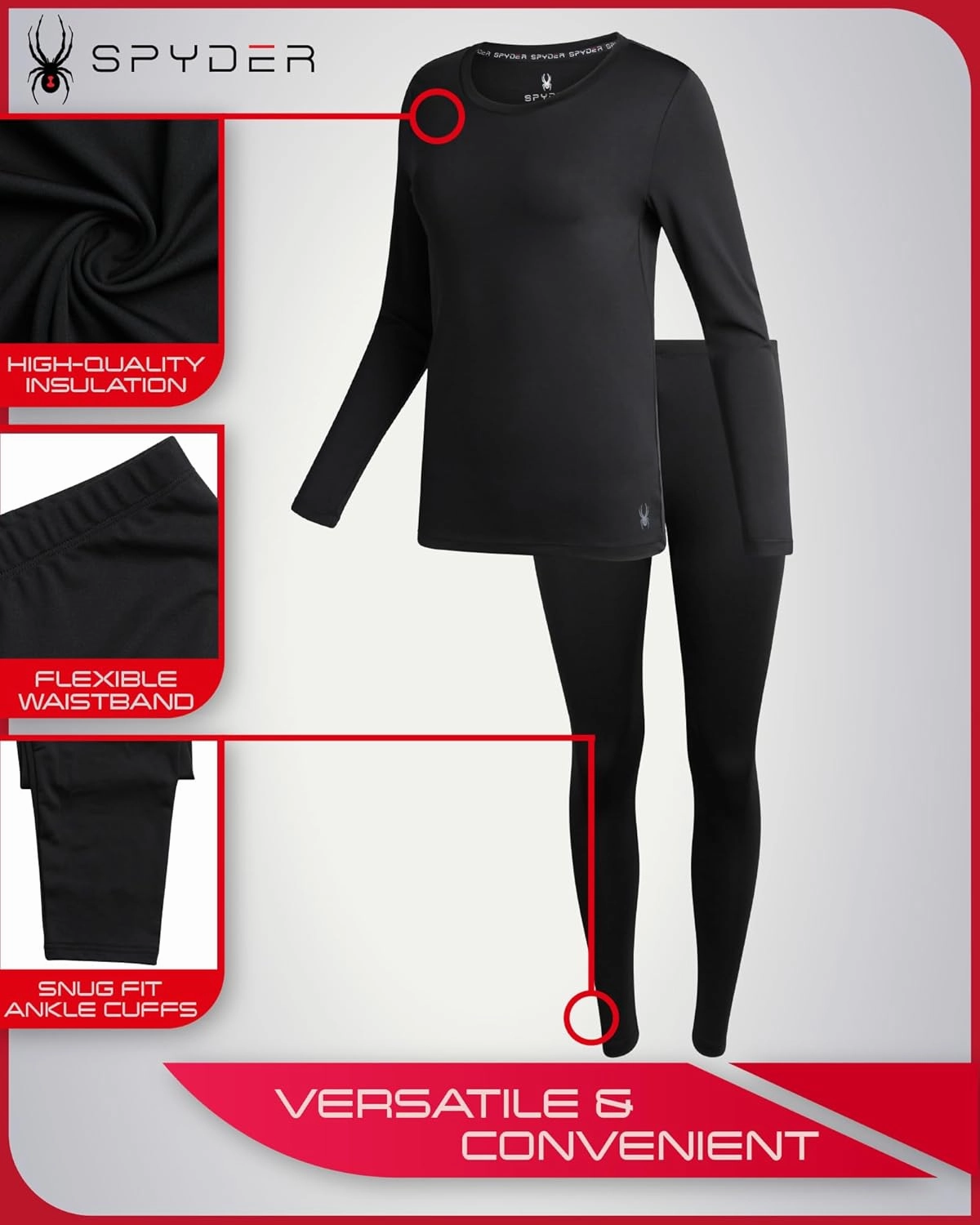 Spyder Women's Thermal Underwear Set - 4 Piece Brushed Back Fleece Lined Long Johns Base Layer Set for Women (Sizes: S-XL)