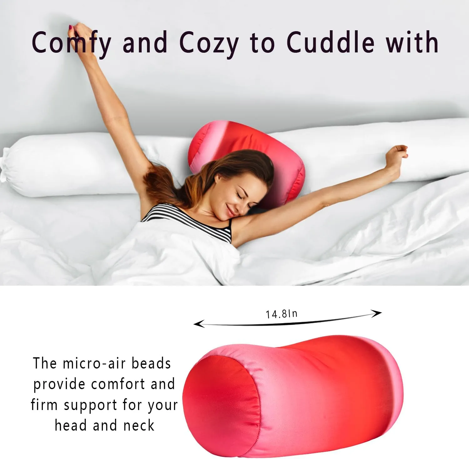 Squish Bean Bed Microbead Pillow Bolster Tube Body Pillow Smooth Cool Touch Fabric Neck & Back Support Throw Travel Pillow Fun Colors (Red Colorful)