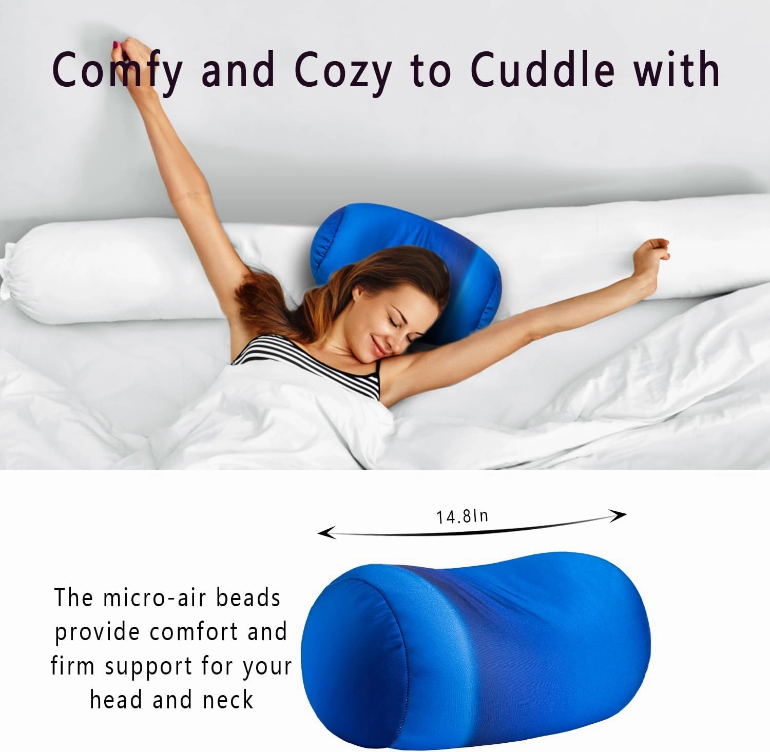 Squish Bean Bed Microbead Pillow Bolster Tube Body Pillow Smooth Cool Touch Fabric Neck & Back Support Throw Travel Pillow Fun Colors (Dark Blue Colorful)