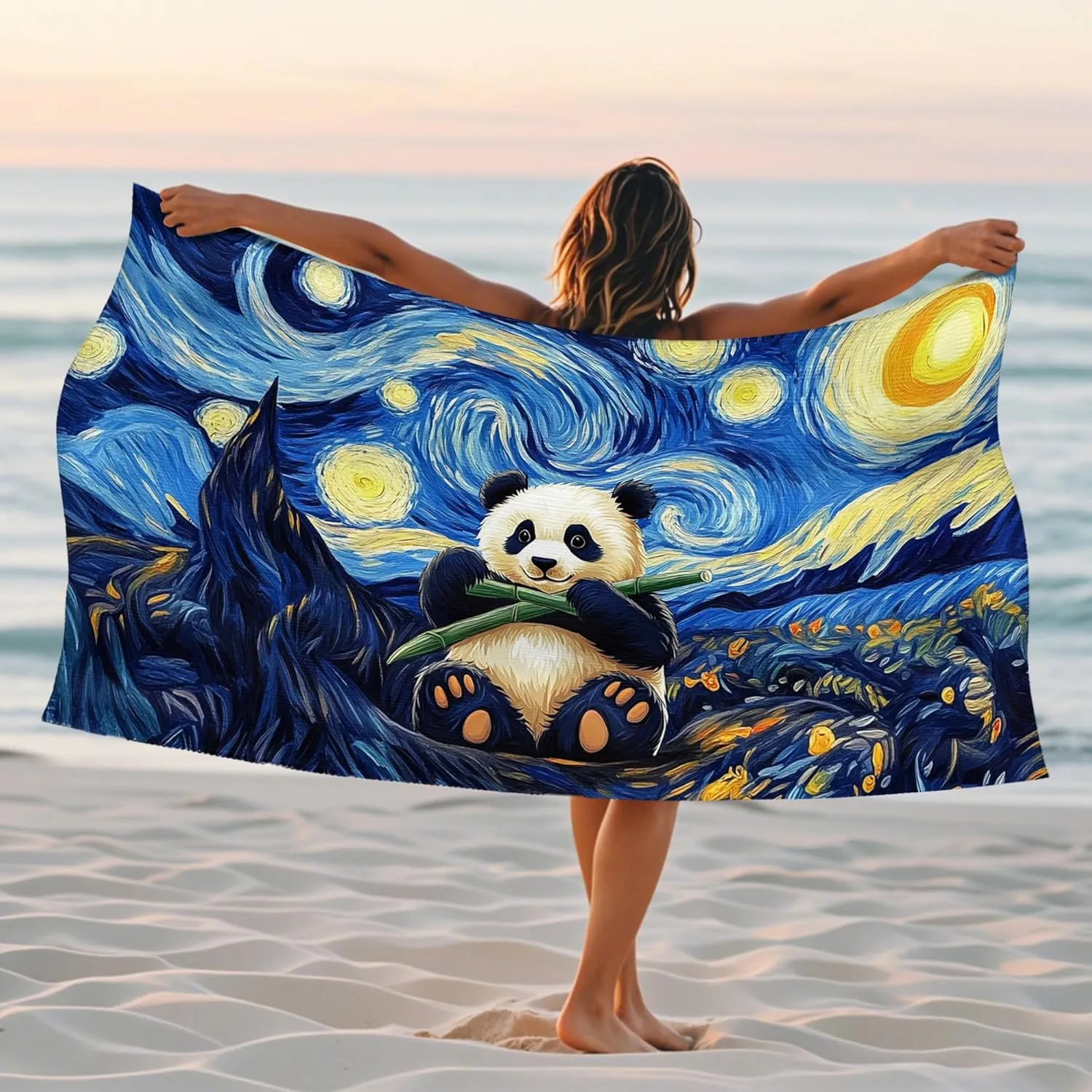 Starry Night Panda Microfiber Beach Towel Colorful Art Soft Sand Free Quick Dry Lightweight Blanket for Travel Camping Pool Picnic Essentials 70x35 Inch